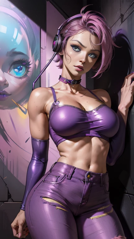 18 year old blonde with huge saggy tits, wearing a synthetic turtleneck jumper without bra, v-cleavage cut, fit and slim body with visible abs, low waisted pants, short hairstyles, slim waist, (gradient blue to pink hair colour:1.3), (dynamic lighting:1.3), 8k, (detailed face and eyes:1.2), (clearly detailed navel), (cyberpunk aesthetic:1.1) .