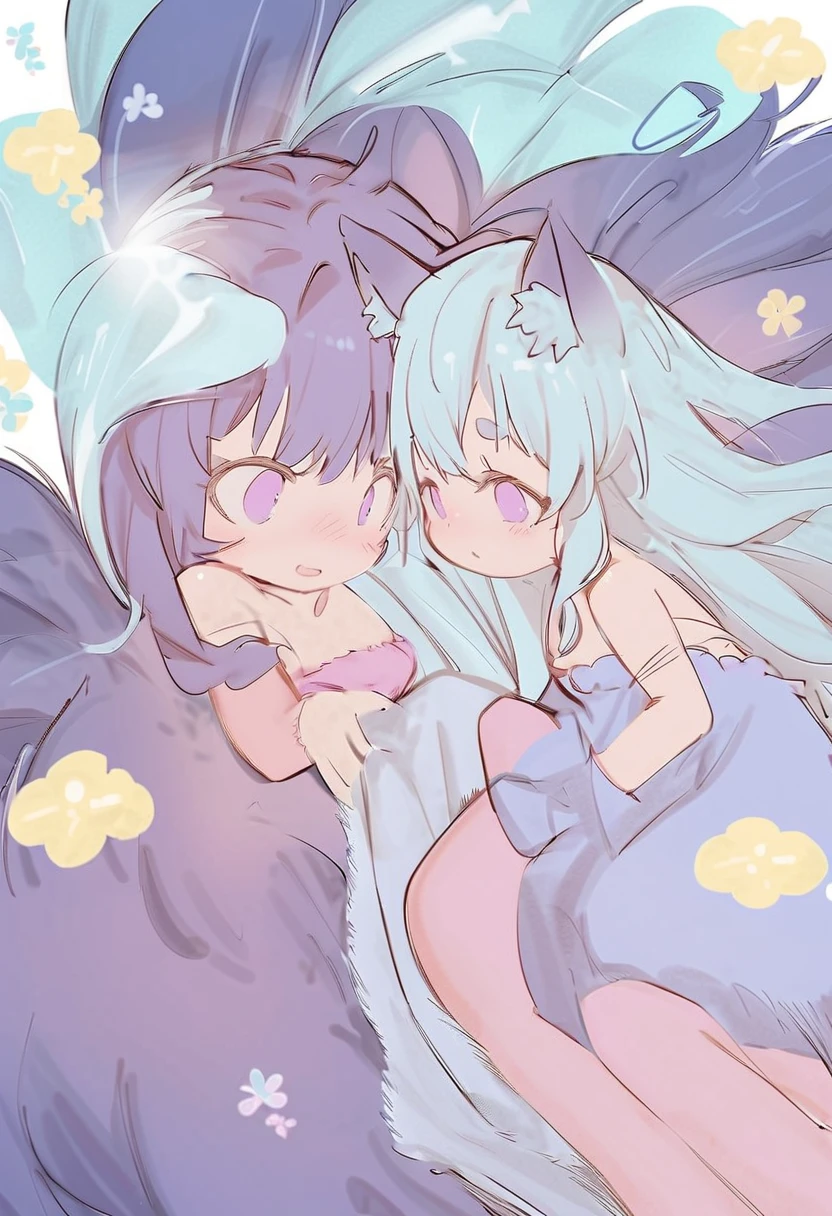 blue cat girl,black cat girl,long hair,lesbian,full face blush,lily flowers around girl,naked,hugging,fall in love face,heart eyes,heart expression eyes,heart eyeblow,two eyes close,kissing,white light,sparkling star,glistering effect around girl,two eyes closed