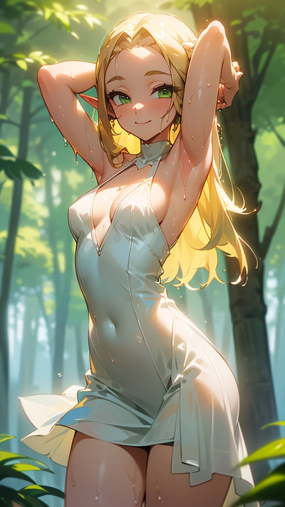 (masterpiece), (best quality), (detailed), light layer, 1solo girl, young girl in the forest, sexy transparent colonial dress, perfect body, blonde hair, defined chest, defined collarbone, ultra realistic, photorealistic, detailed, perky see-through nipple, wet clothes,