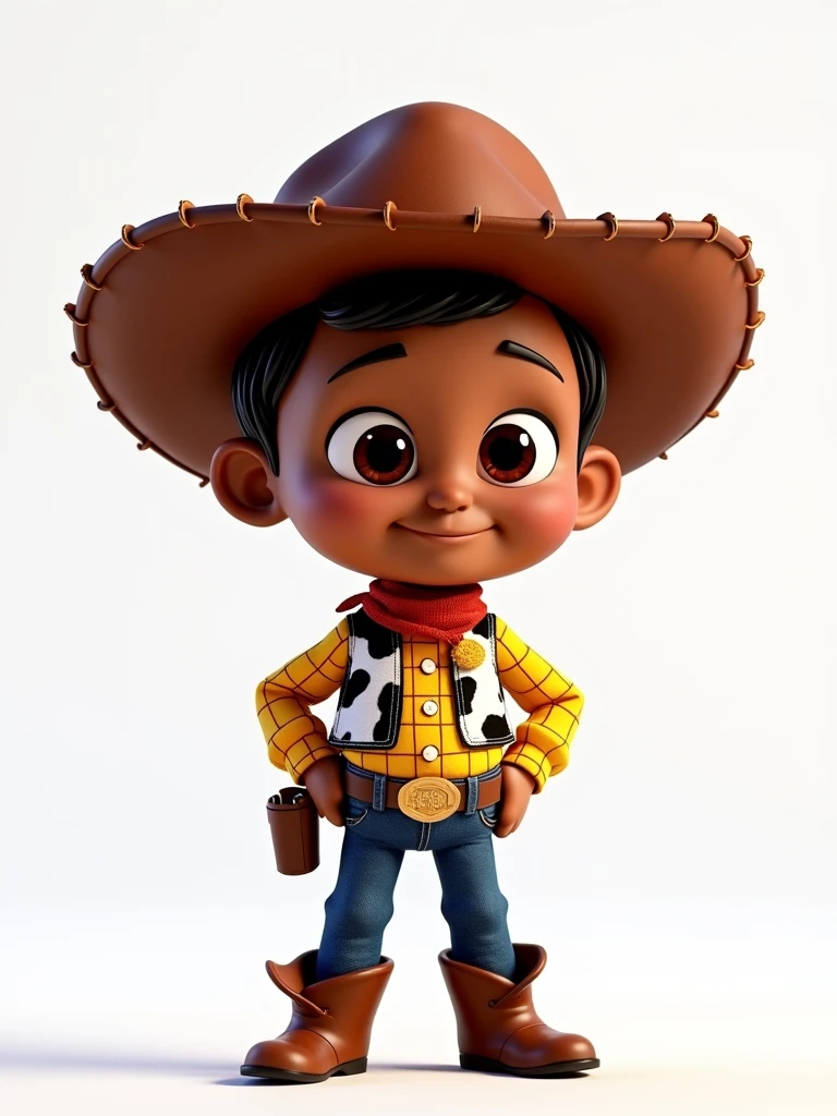 dark skinned child, brown dark eyes, short dark brown hair, Woody's dress