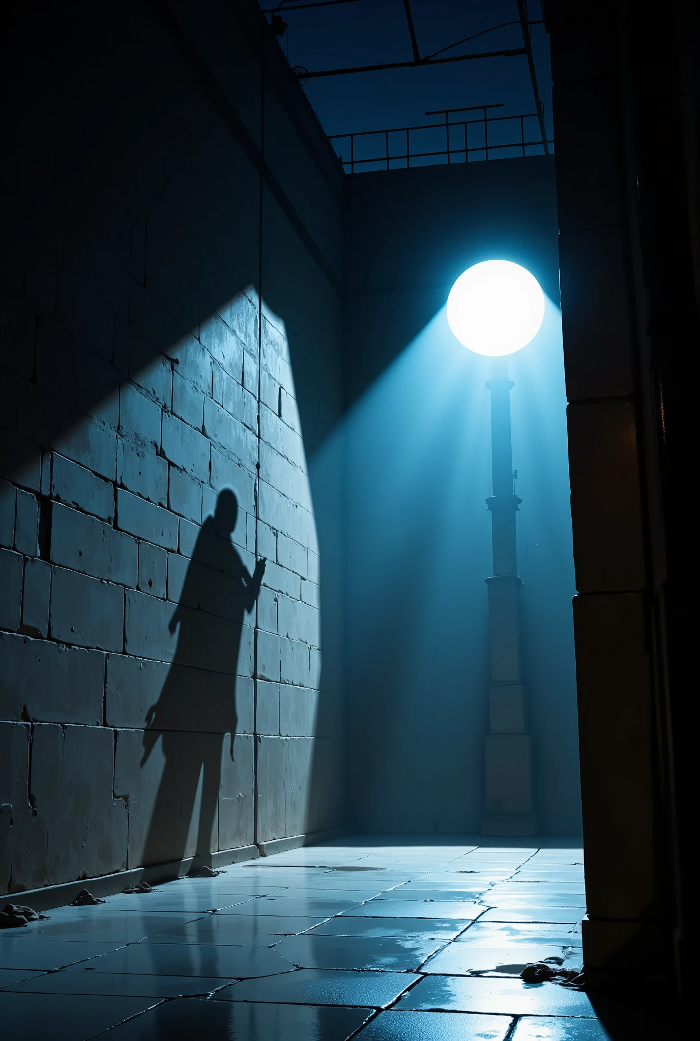 Shadows on the wall, a prison at dim night, towering prison walls, the shadows of prisoners attempting to escape reflected on the wall, the light of a huge round searchlight, backlighting