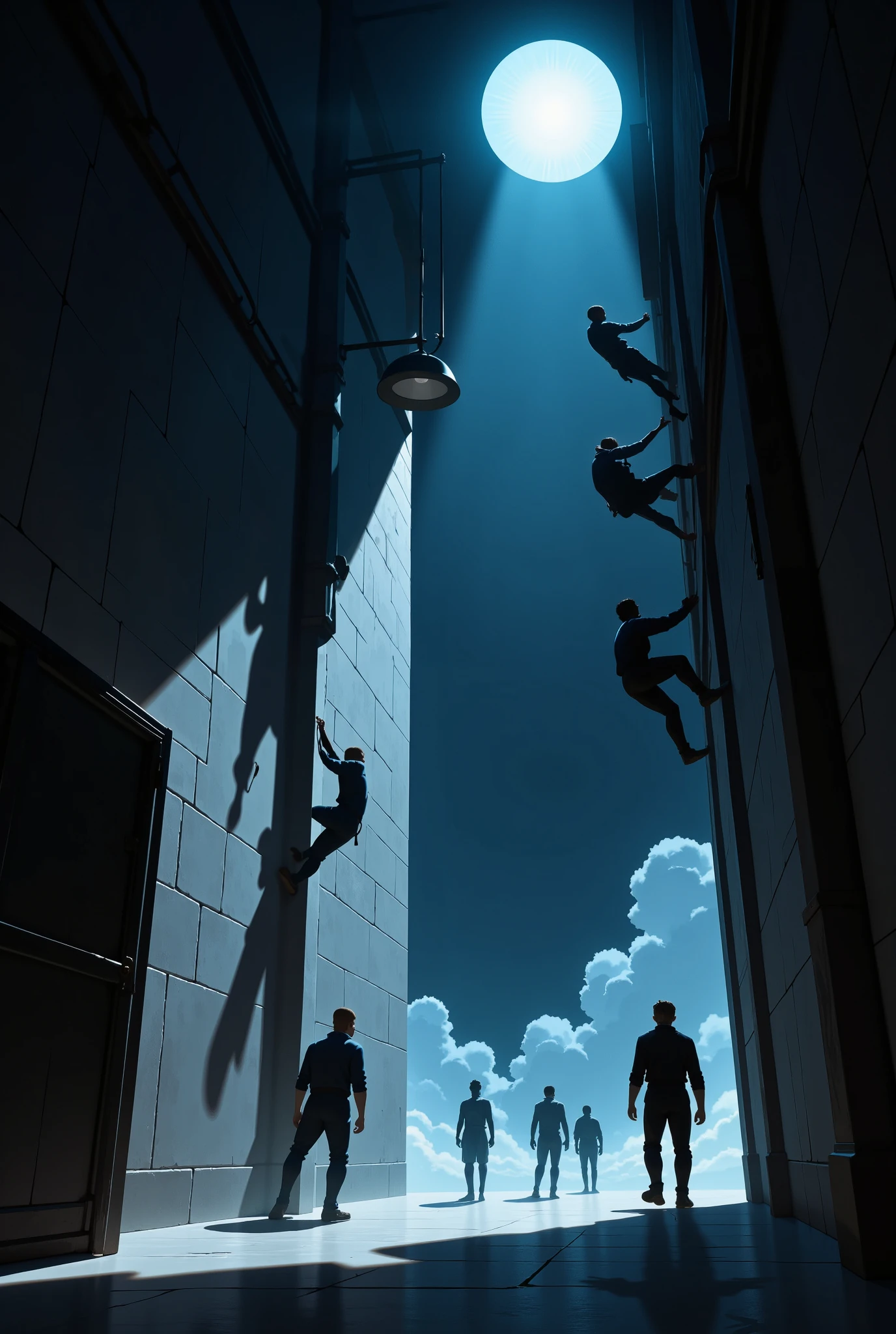 (Shadows on the wall), a prison at dim night, towering prison walls, the shadows of prisoners attempting to escape reflected on the wall, the light of a huge round searchlight, backlighting