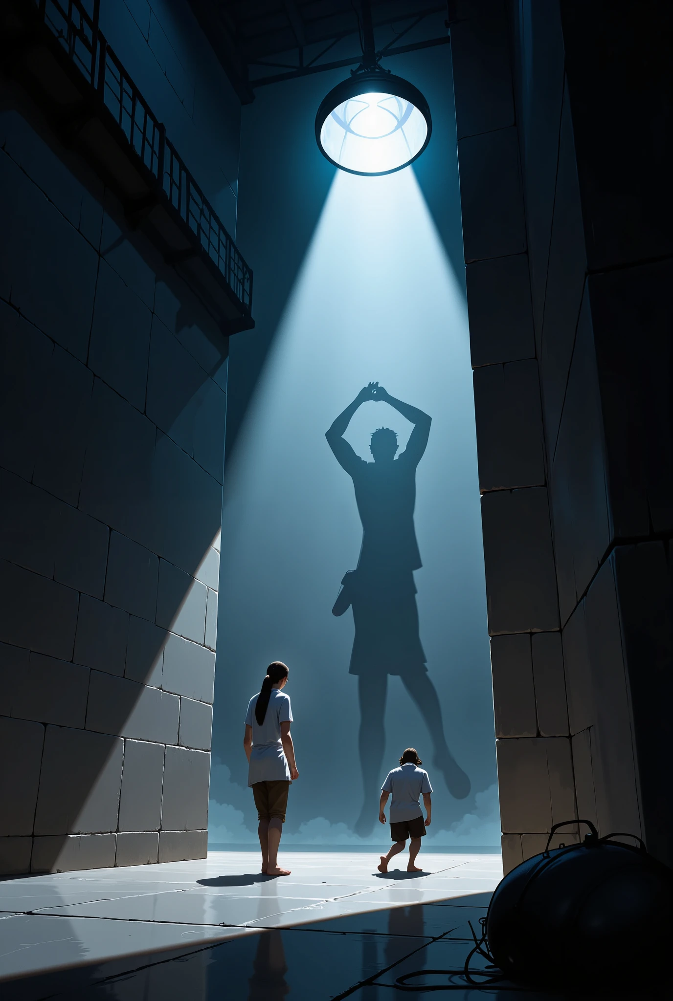 (Shadows on the wall), a prison at dim night, towering prison walls, the shadows of prisoners attempting to escape reflected on the wall, the light of a huge round searchlight, backlighting