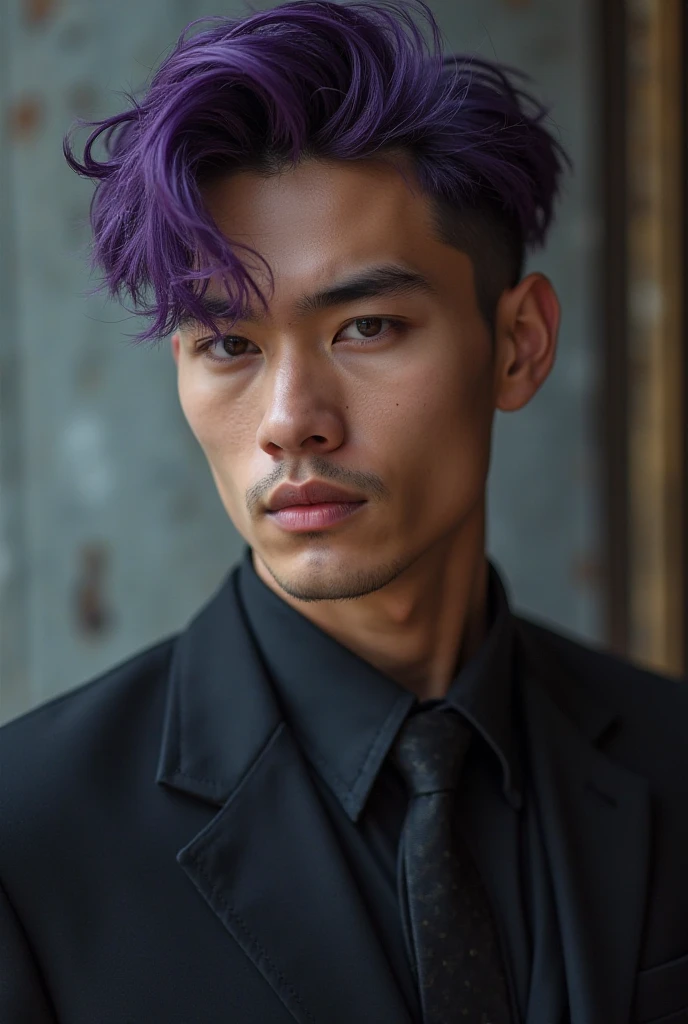 Asian Chico ,with long dark violet hair ,white skin with scars and heterochromatic eyes in blue and reddish purple