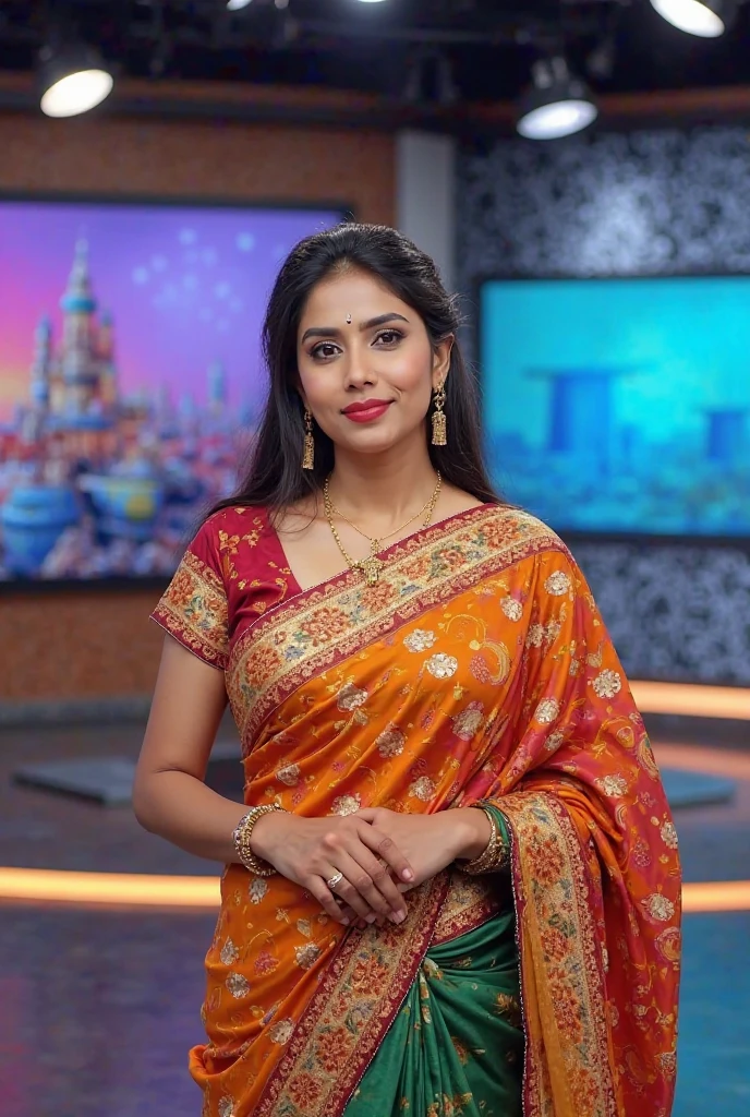 A indian girl news reporter bright skin with news studio background standing back of desk beautiful in saree