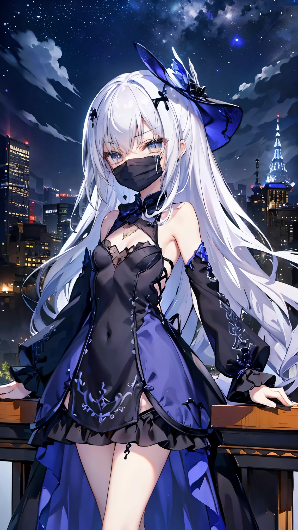 This is a hot spring on the roof of a high-rise building that is taller than other buildings in the middle of the night、You can see a lot of low buildings behind you、Photograph her from an angle of 45 degrees above、One 27-year-old woman with small breasts、She wears a large black witch hat with sapphire accessories、White lob hair with blue-violet mesh、Blue eyes with highlights、Wrapped in a white bath towel、small tits、discreet breasts、A fragile smile、hiquality、High Details、high-level image quality、4K picture quality、beatiful backgrounds