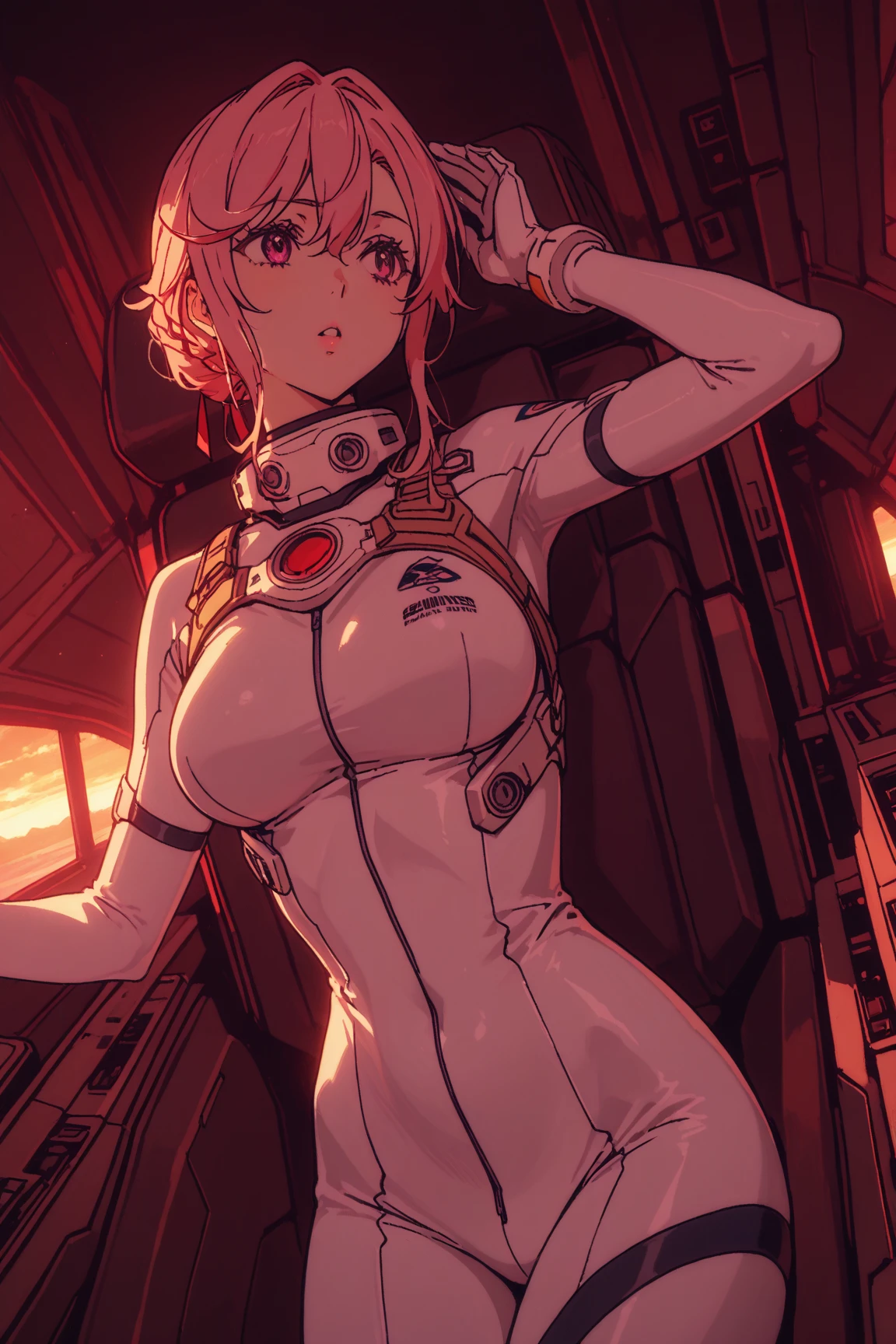 art by (slugbox:1.25), hyperrealistic, (realistic proportions:1.1025), extremely detailed, textured skin, (perfect face, detailed eyes:1.1025), solo, (goth:1.1), large breasts, white hair, (hair covering one eye:1.2), short hair, (yellow:1.15) eyes, (intricate textured clothes:1.15), (tented shirt, boob tent, covered breasts:1.1025), covered breasts, latex armored (shiny (silver:1.2) leotard with (red accents:1.15):1.25), covered (erect nipples:1.1), (underboob:1.35), (thigh boots:1.1), (skindentation:1.2), (spacesuit:1.05), (in spaceship:1.2), (sci-fi:1.1), (cameltoe:1.1), (retro:1.1) (colorful:1.1), full-body view