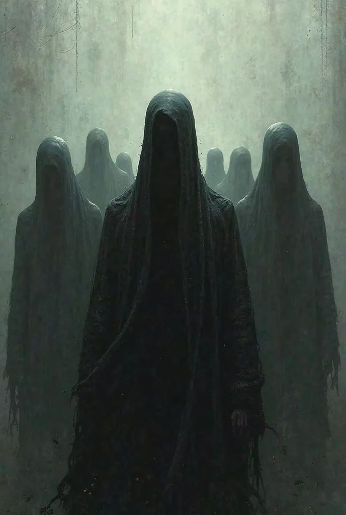 in the style of the black paintings of goya, make the most haunting image depicting the evil of man