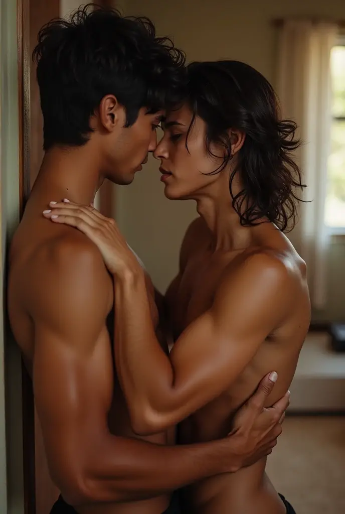 A naked woman, a man pressed against her from behind., smile