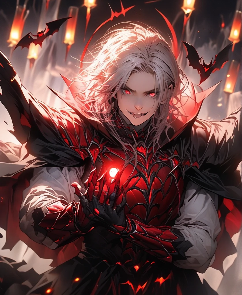 demon, boy, spiky messy white long hair, red eyes, blood tears, ear piercings, face piercings, blood, tattoos, bats, mechanical arms, wearing black robot suit, wearing black fur cloak, mechanical wings, mechanical horns, graveyard, night, high res, ultrasharp, 8k, masterpiece, looking at viewer