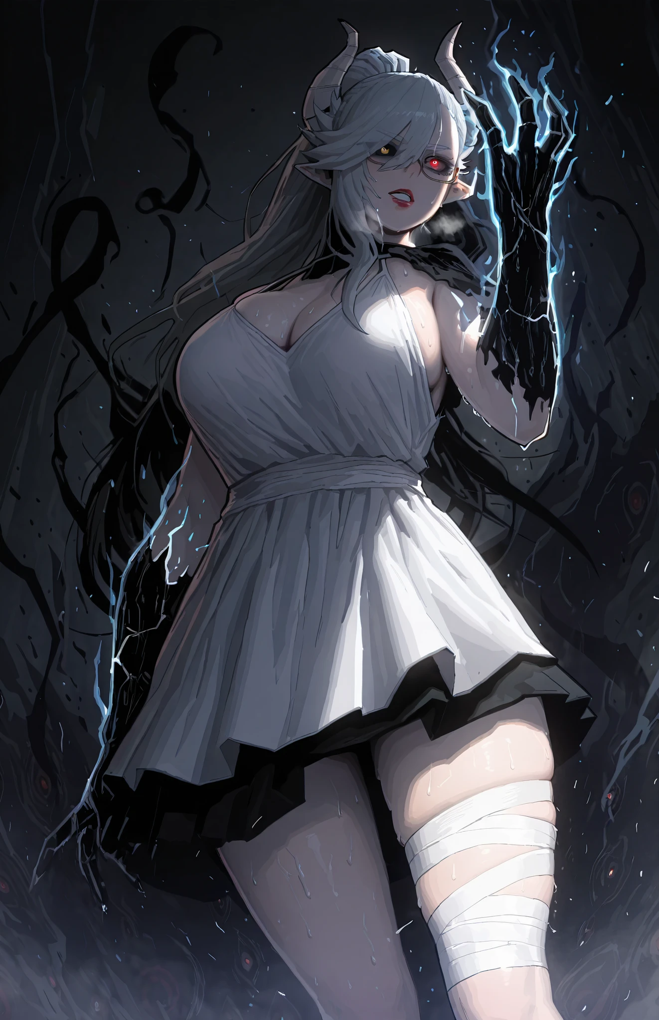 (Luxu-style:1.4), (Gogalking-style:1.2), (Kohei Horikoshi, My Hero Academia), Masterpiece, high quality, absurdres, best quality, very aesthetic, newest, dramatic light, chiaroscuro technically, contrasting color, dynamic composition, anatomical correct, HD, 4K, digital art, trending on DeviantArt, perfect body, perfect eyes, makeup, detailed eyes, perfect fingers, gasping, heavy breathing, excessive sweating, sweating, sweating profusely, gasping profusely, cinematic, ((skindentation)), ((voluptuous)), belial, 1girl, mature female, demon girl, demon horns, pointy ears, long hair, silver hair, ponytail, swept bangs, heterochromia, red eye, yellow eye, lipstick, red lipstick, glasses, semi-rimless eyewear, bright pupils, (aura), (black aura:1.2), 1girl, breasts, horns, glowing, dress, white_dress, solo, cleavage, bandages, bandaged_leg, glowing_eyes, looking_at_viewer, ahoge, parted_lips, glowing_eye, monster_girl, colored_sclera, black_sclera, black hands, shadow, shadow hands,