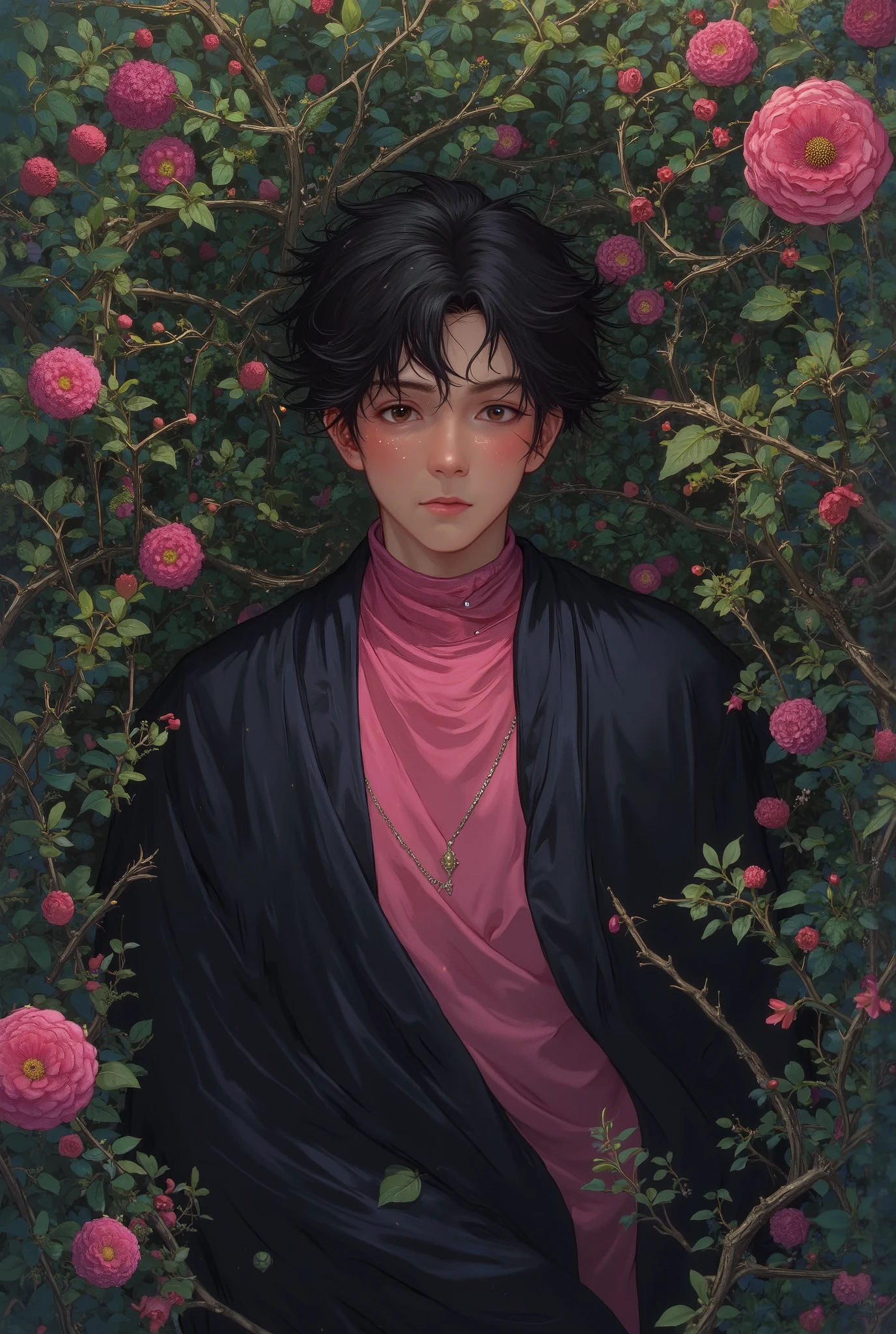 handsome young man lying in the bushes and thorns and beautiful flowers, top view camera. wearing black wizards robe and old roses pink turttle neck shirt inside.