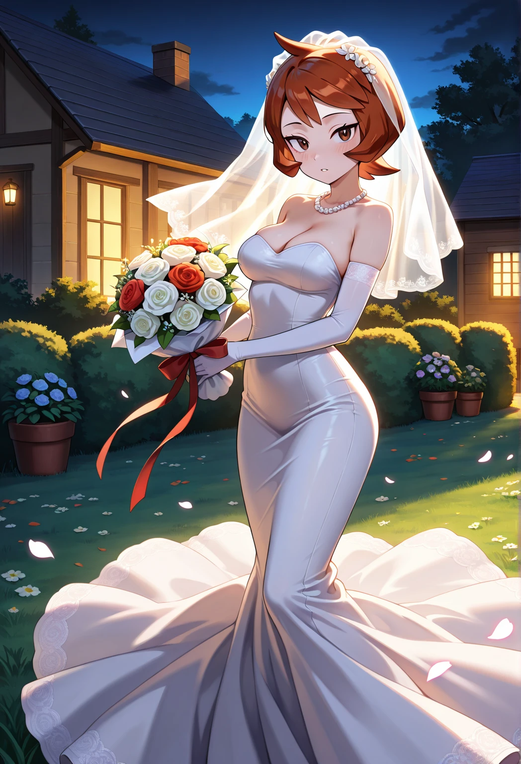 Han Jury (Street Fighter) , Women, breasts big, small waist, big-ass, wedding suit, wedding suit, wedding altar, holding a bouquet of flowers, standing alone, smiling, walked forward with chest out