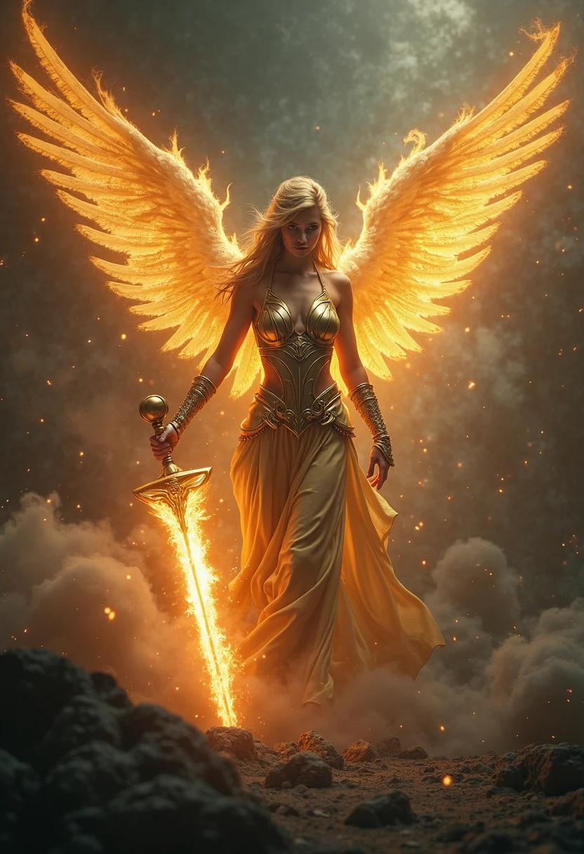 Ultra-realistic angel image: A golden angel with spread wings,Holding a fire sword in his hand,There was gloom in the gloom。, Black smoke settings