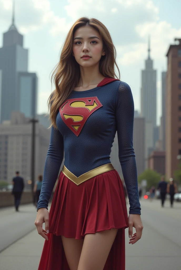 1girl,(Perfect figure,be tall and slim),solo,standing,(outdoor:1),sky,Focus on the face,Beautiful face,Detailed delicate young face,supergirl, (Super girl suit:1.5),Jumpsuit, red short skirt, glowing tighs, (huge breasts,Big tits,Big breasts:1.3),thigh gap,camel toe, long boot until below of knees, full body, realistic style,vivid picture,masterpiece, (best quality:1.2),ultra-detailed,realistic,High definition,High quality,Cinematic Light,Ray tracing,ultra high res,UHD,(photorealistic:1.5),intricate details,detailed texture,finely detailed,High quality shadow