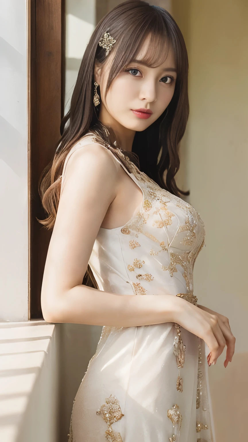 ((Highest quality, 8k,  masterpiece: 1.3, RAW photo)), sharp concentration: 1.2, (1. AESPA Girl: 1.2), (realistic, photo-realistic:1.37), (facial focus: 1.1),  pretty face, big breasts, Big Breasts, disheveled hair, ( red long dress:1.2),garter belt,from below, Beautiful Woman Standing By A Window With The Morning Sun Shining In, Cinema Lighting, (An elegant and very gorgeous dress),