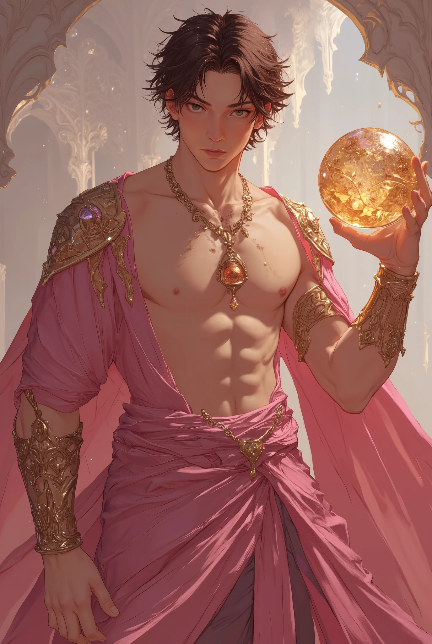 a handsome young man with a blend of features inspired by two references. He has The hair is a rich, chestnut brown with subtle highlights of rose gold, shimmering softly in the diffused light. His body is toned and athletic, like a professional sportsman, with visible abs and a broad chest, giving him an athletic yet elegant appearance. His skin snow white pale. His eyes are a mesmerizing soft gray with hints of lavender and pale pink. Handsome 20yrs, sexy in a rich pink outfit, tunic style that leaves your abdomen exposed, with a wields a large, intricate glemering medium golden crystal ball in his right hand with his legs exposed, pronounced glutes, delicate appearance