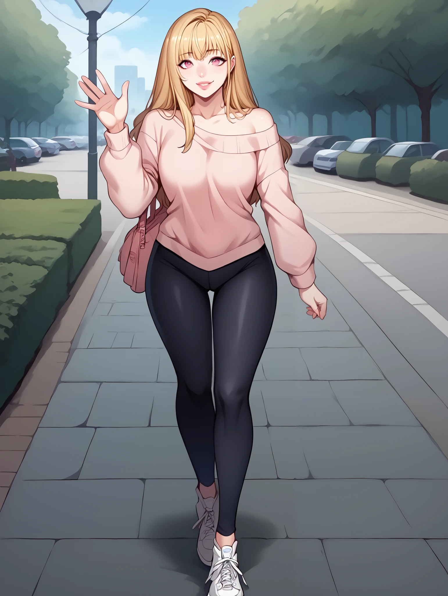 An extremely gorgeous woman with long blonde hair, hair bangs, big pink eyes, extremely fair white natural skin, plump big candy pink lips, and a perfect slim sexy body. She's wearing an oversized off-shoulder tube pink sweater with long sleeves, black tight leggings, and white sneakers. She is standing straight, waving with one hand, smiling cutely, a park in the background, and show her full body.
