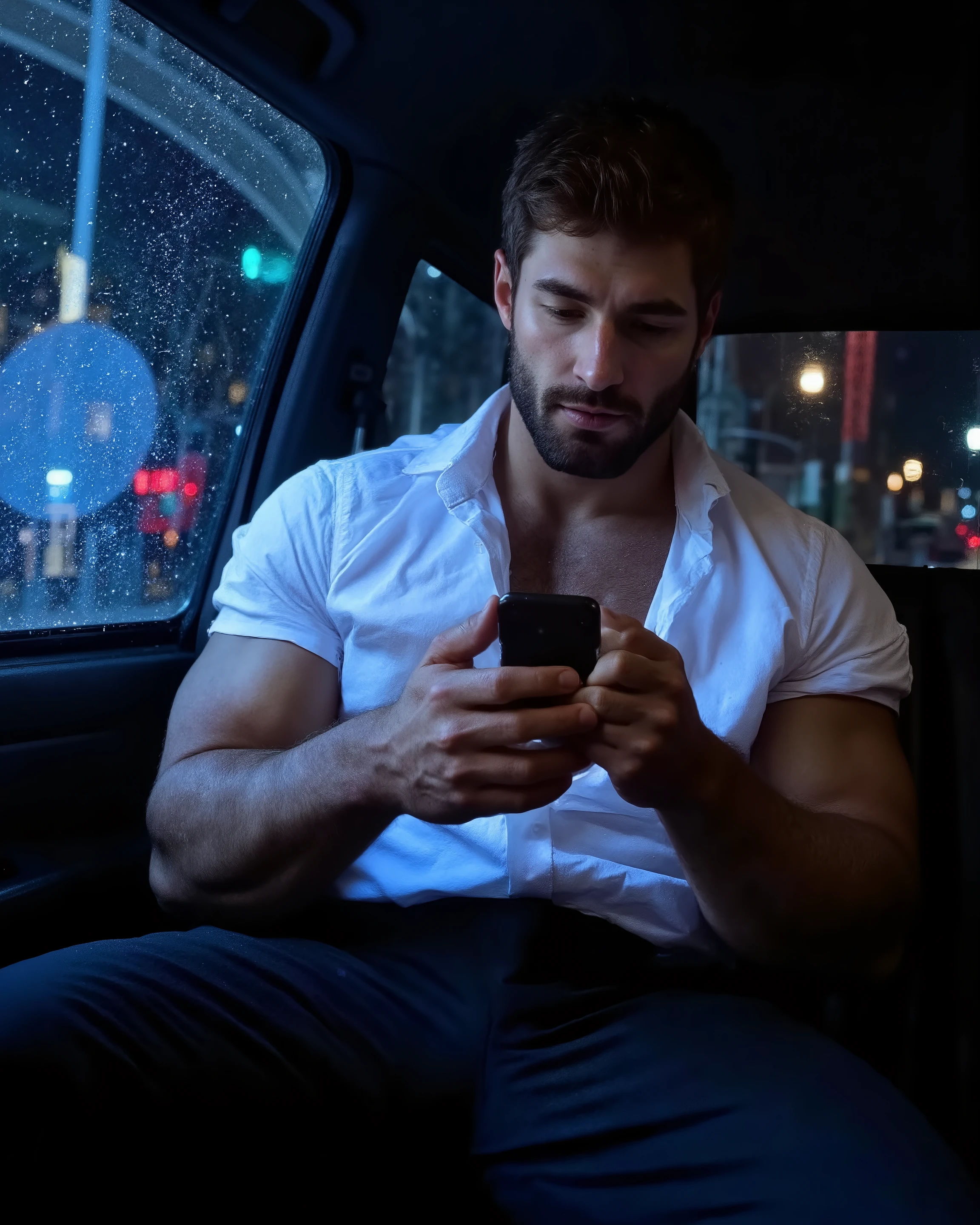 Strong hairy and bearded young mixed race man inside a luxury car, in navy blue underwear, Looking at cell phone.