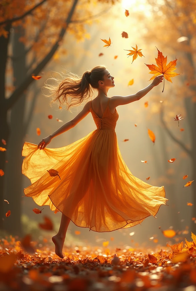 A whimsical miniature figure composed of delicately arranged autumn leaves, poised in a carefree dance on the rim of a weathered, moss-covered terracotta pot, set against a lush, vibrant forest backdrop, where dappled sunlight filters through the canopy above, casting intricate shadows. The overall aesthetic is ethereal, with warm, earthy tones of sienna, umber, and olive green, infused with hints of emerald and golden light, evoking a sense of wonder and enchantment, as if plucked from a fantastical realm.