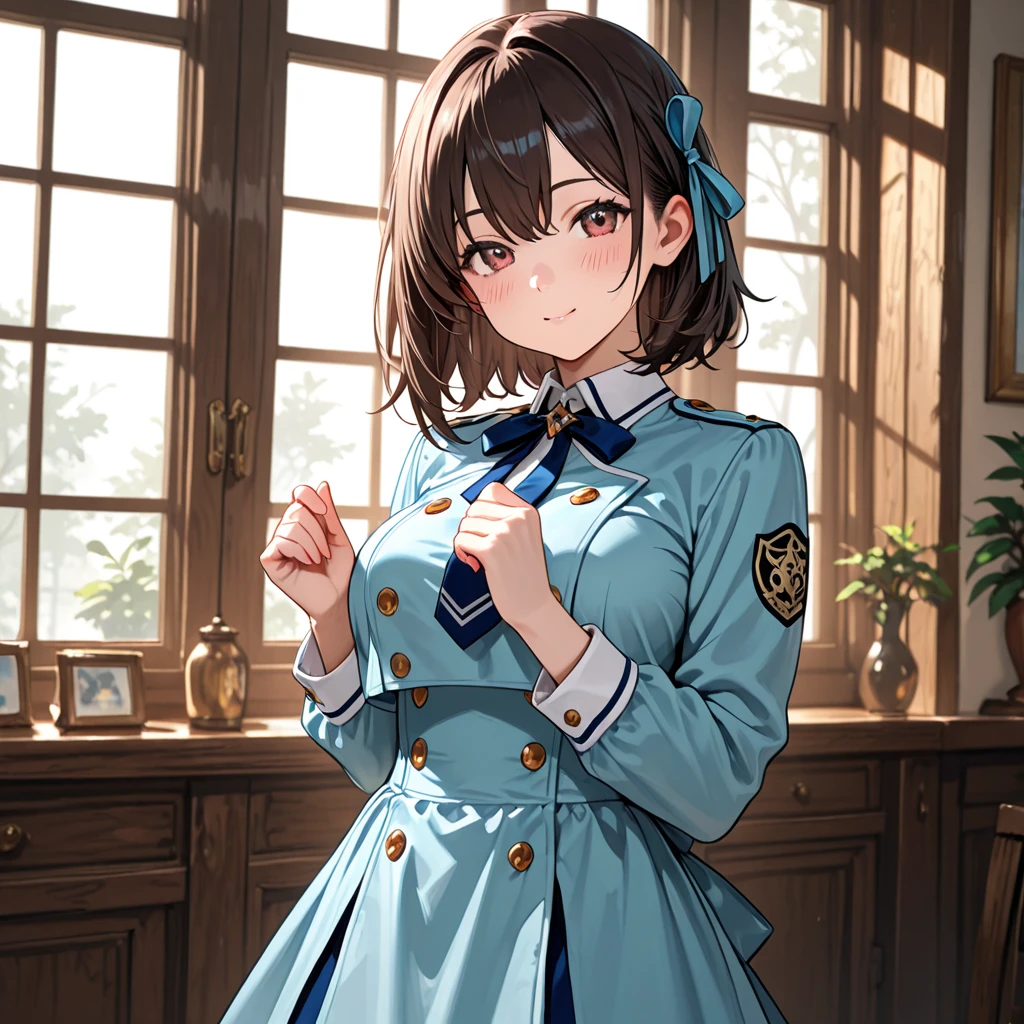 <lora:TakaoKancolle_V10:1>, 1girl, solo,
takao \(kancolle\), black hair, red eyes, short hair,
large breasts, long sleeves, hat, black gloves, black thighhighs, miniskirt, blue skirt, military uniform, beret, garter straps, blue jacket, blue headwear, pencil skirt,
indoors,