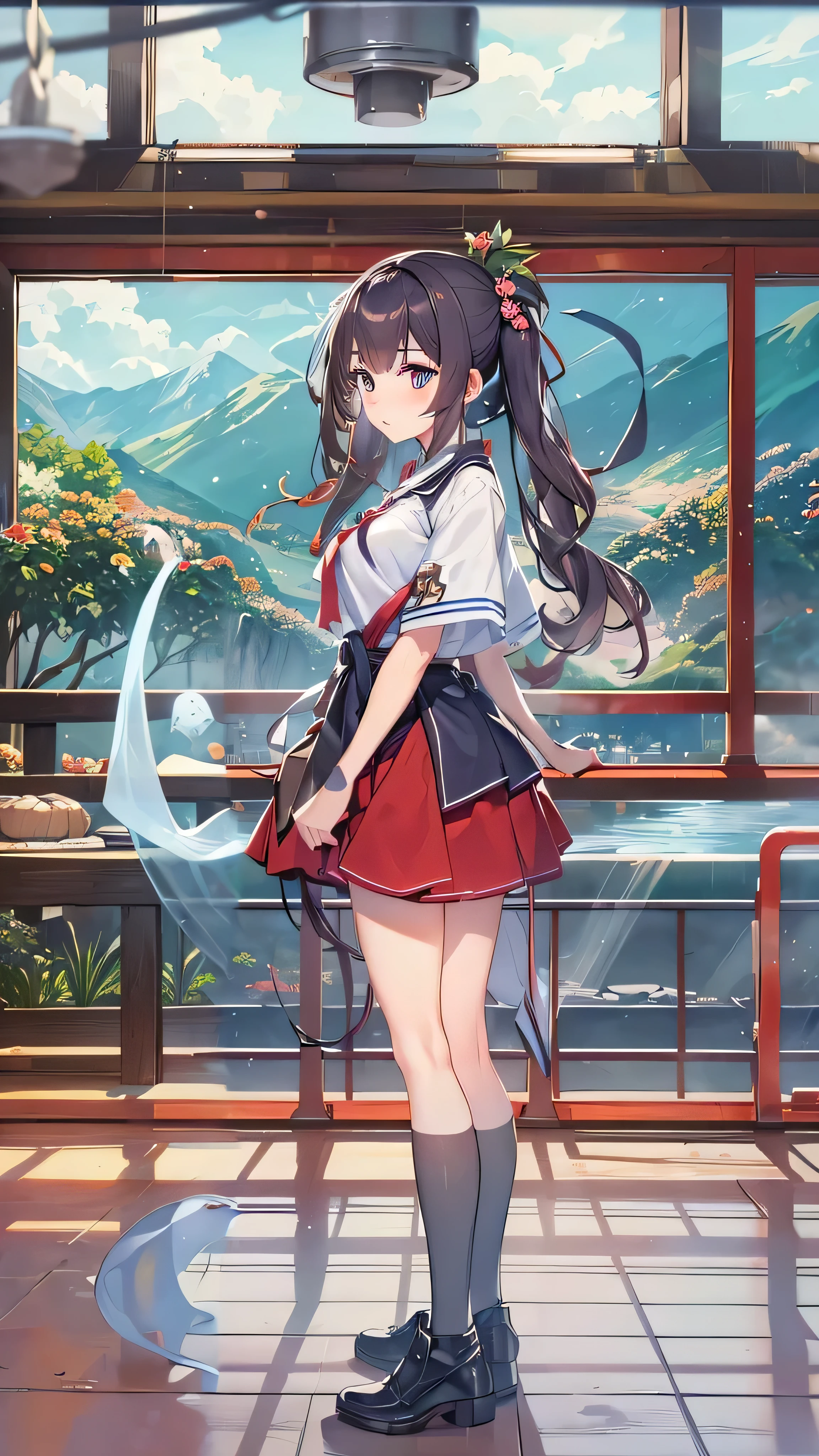 Anime girl with long hair and a bow standing in front of a window ...