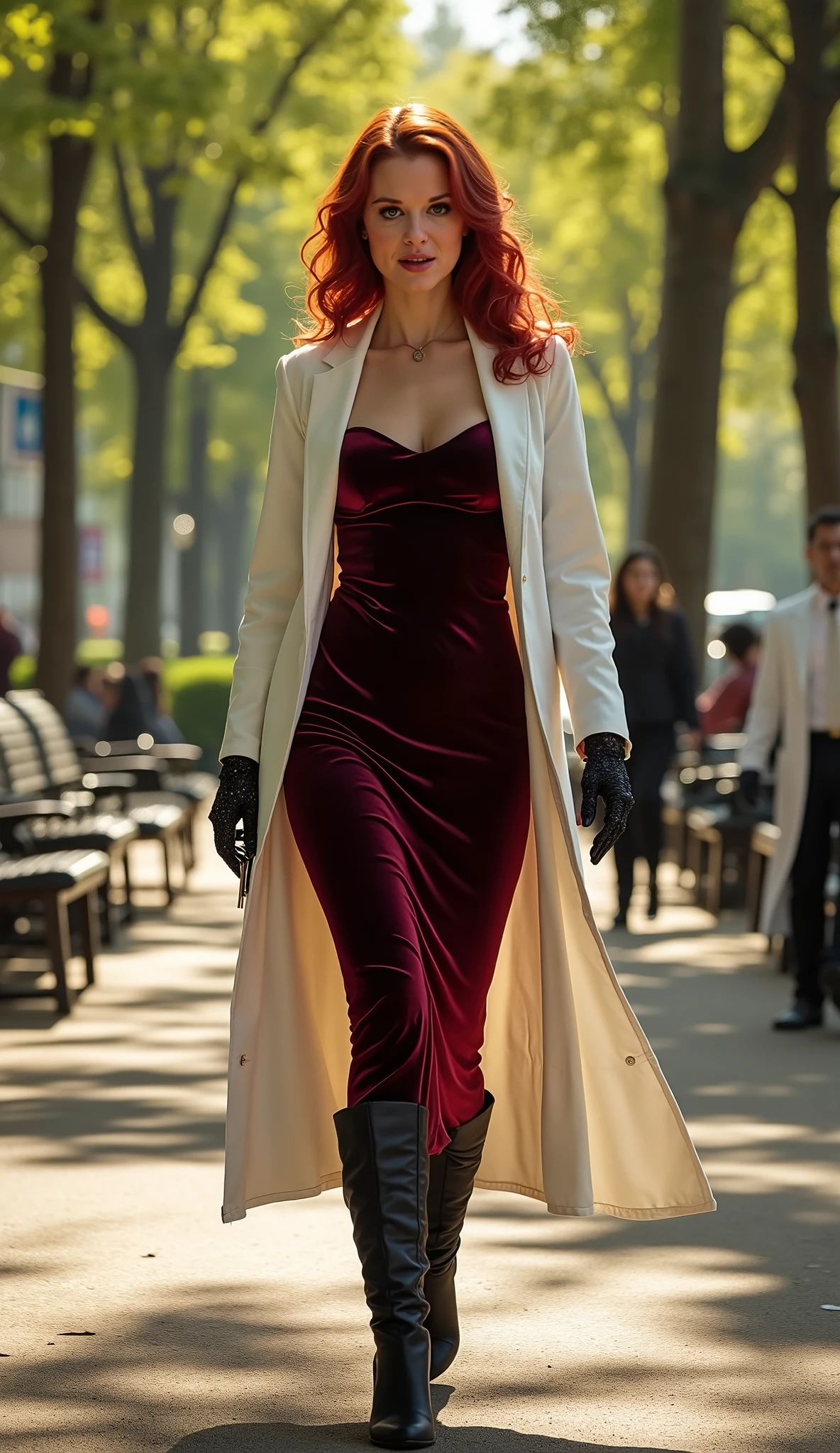 Jennifer  Connelly, vampire beauty,  very curly red hair,  very tiny gothic minidress,  pantyhose,  shoes,  elbow  satin  gloves,  sun shiny day 
