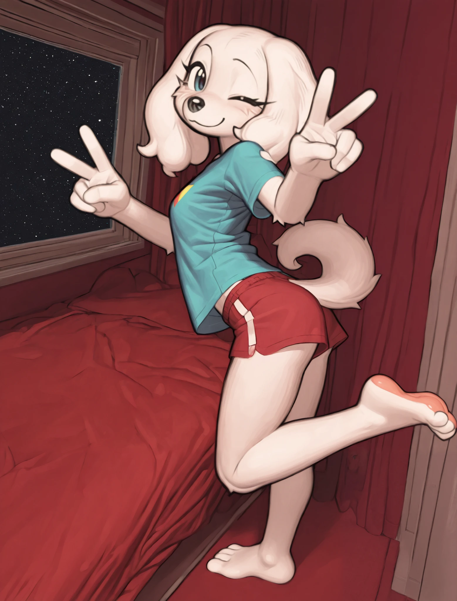 ((Fay Spaniel)), ((Starfox)), ((pixelsketcher style)), ((wamudraws style)), ((masterpiece)), ((high resolution)), ((solo portrait)) ((side view)), {(attractive figure), (beautiful legs), (pretty feet), (white fur), (black nose), (floppy dog ears), (one eye closed), (cute blue eyes), (long eyelashes), (cute smile)}, {(turquoise tee shirt), (red lounge shorts)}, {(standing), (leg raised), (peace sign), (looking at viewer)}, ((red bed)), ((white living quarters)), ((window)), ((space))