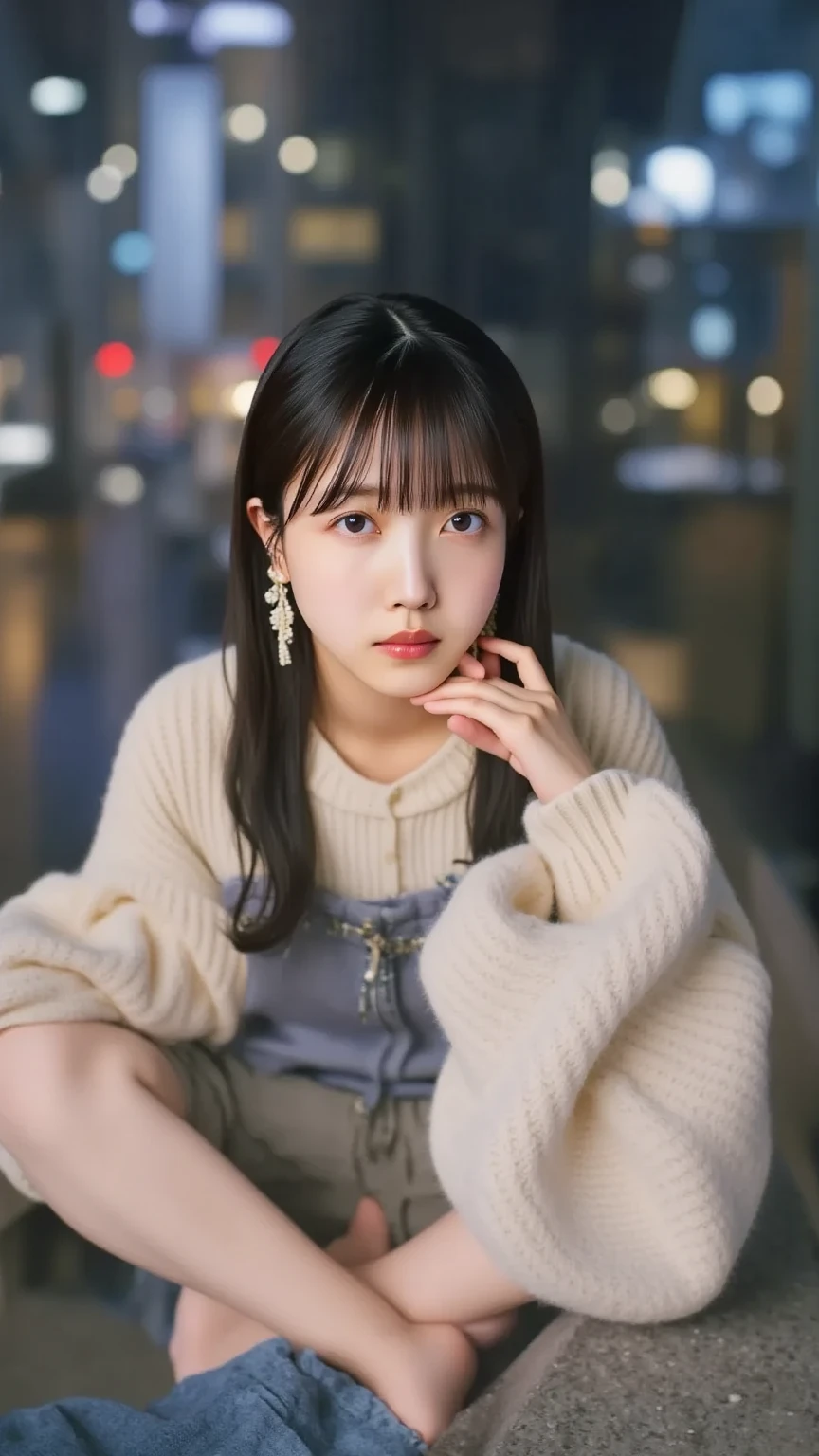 A 17-year-old girl with long black hair, wearing a blazer-style school uniform, is depicted in a school bathroom, her expression filled with a profound sense of loss and faint tears glistening in her eyes. She exudes vulnerability and despair amidst her isolation. The setting is detailed with a wet floor, indicative of the bathroom's environment, adding to the somber mood. The girl's posture and the ambiance of the scene vividly portray her emotional turmoil resulting from bullying.