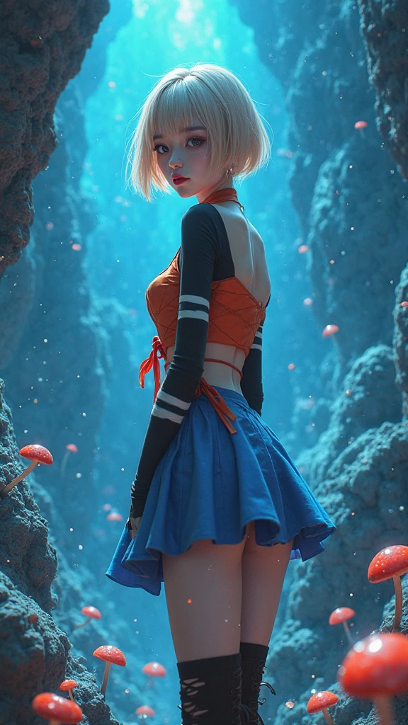 1girl, bulma, blue eyes, blue hair, bare shoulders, boots, cleavage, dress, earrings, jewelry, pantyhose, red dress, scarf, short dress, short hair, sleeveless, sleeveless dress, very short hair, yellow scarf, (Disgusted face), looking at viewer, contempt, shaded, frown, dramatic composition, cinematic dynamic action scene, vibrant colors, cinematic lighting, dramatic lighting, best quality, masterpiece, very aesthetic, perfect composition, intricate details, ultra-detailed