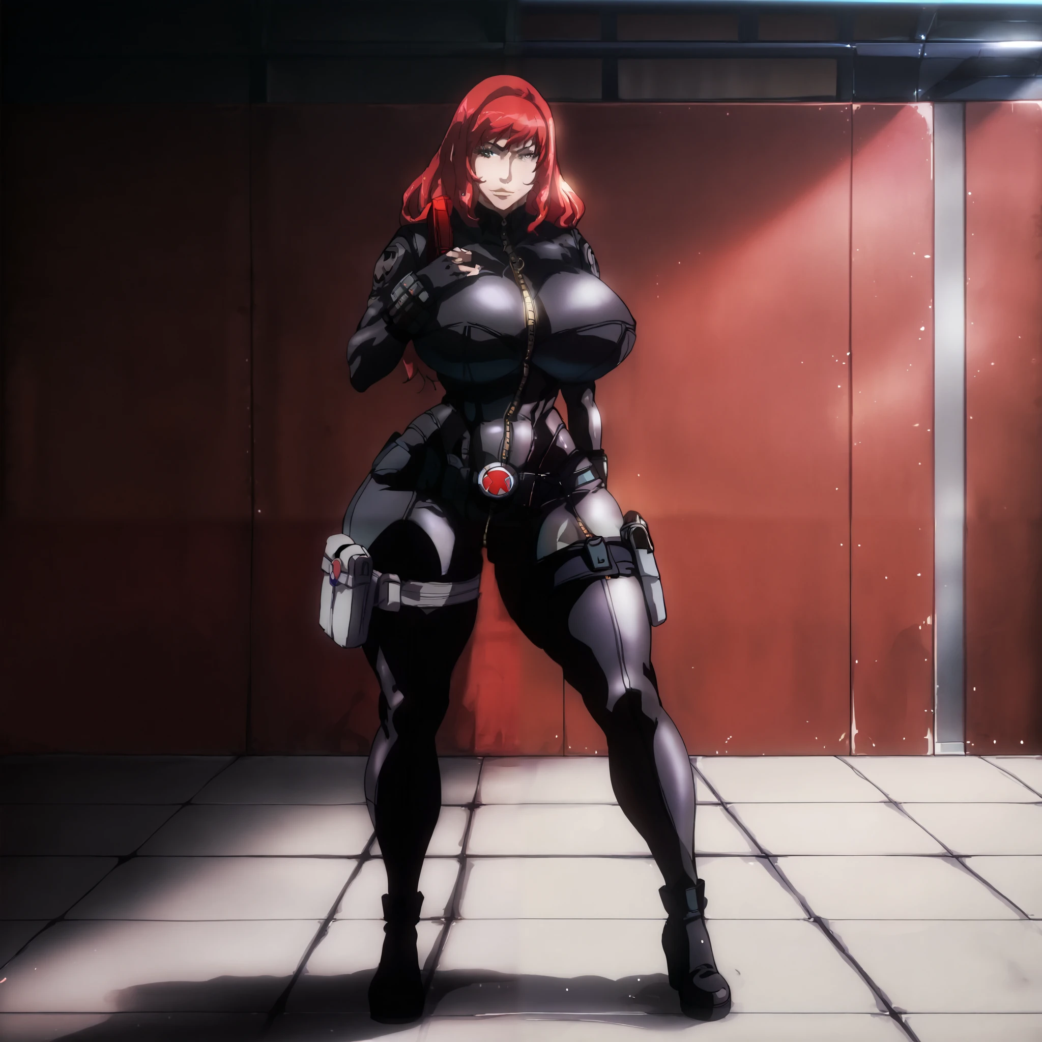 score_9, score_8_up, score_7_up, score_6_up, score_5_up, score_4_up, BREAK,1girl, BlackWidowAnime, black bodysuit, long red hair, black fingerless gloves, holster, makeup, zipper, uniform, ((huge breasts, huge butt, thick thighs, curvy hips)), full body view, front view of body, highly detailed, masterpiece, standing, cool smirk, inside military base hangar, red walls, black floor, military jeeps tanks & jets in background,