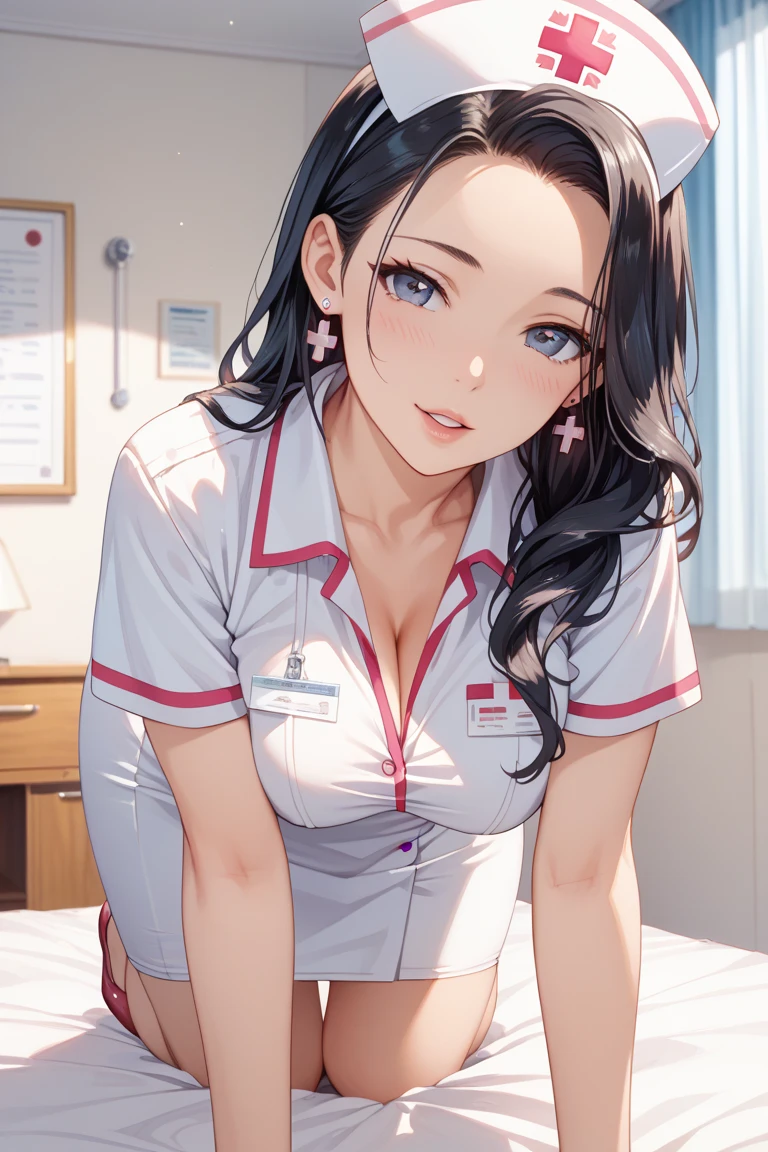 Infirmary,窗帘,one-girl,Bust photo,Nurse's uniform,ssmile,looks into camera,Be red in the face,nurses,white dresses,tmasterpiece,The best quality,The is very detailed,cleavage