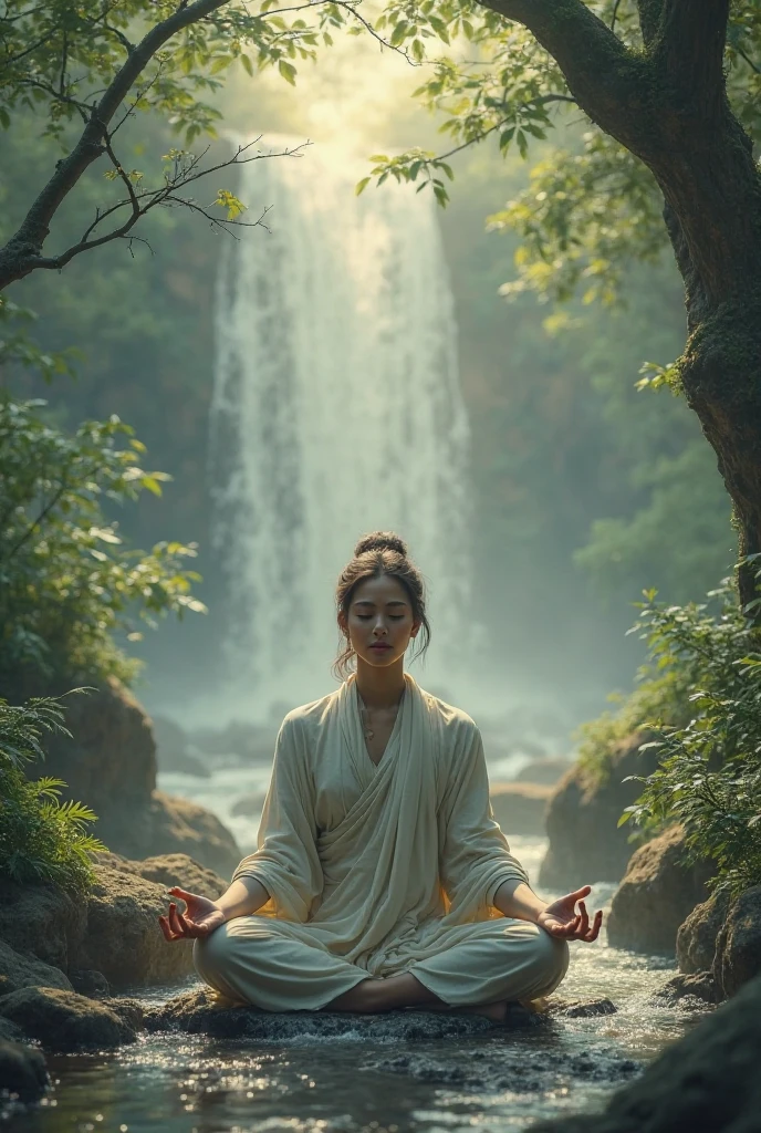 Illustrate a woman undergoing spiritual training by standing under a waterfall, her wet kimono clinging to her body and revealing her translucent skin. Capture the serene and introspective atmosphere of the scene, with the woman's closed eyes and serene expression conveying her deep focus and dedication to her mental and physical discipline. Use a muted color palette to enhance the tranquility of the surroundings, with the waterfall cascading down from a rocky cliff and the surrounding foliage adding a sense of natural beauty and isolation. Pay attention to the details of the woman's wet kimono, with its intricate patterns and folds, as well as the gentle play of light and shadow on her skin. Depict the water droplets falling from her hair and the mist rising from the water, creating a sense of movement and energy in the image. Overall, create an image that represents the transformative power of nature and the inner strength of the woman undergoing her spiritual journey.