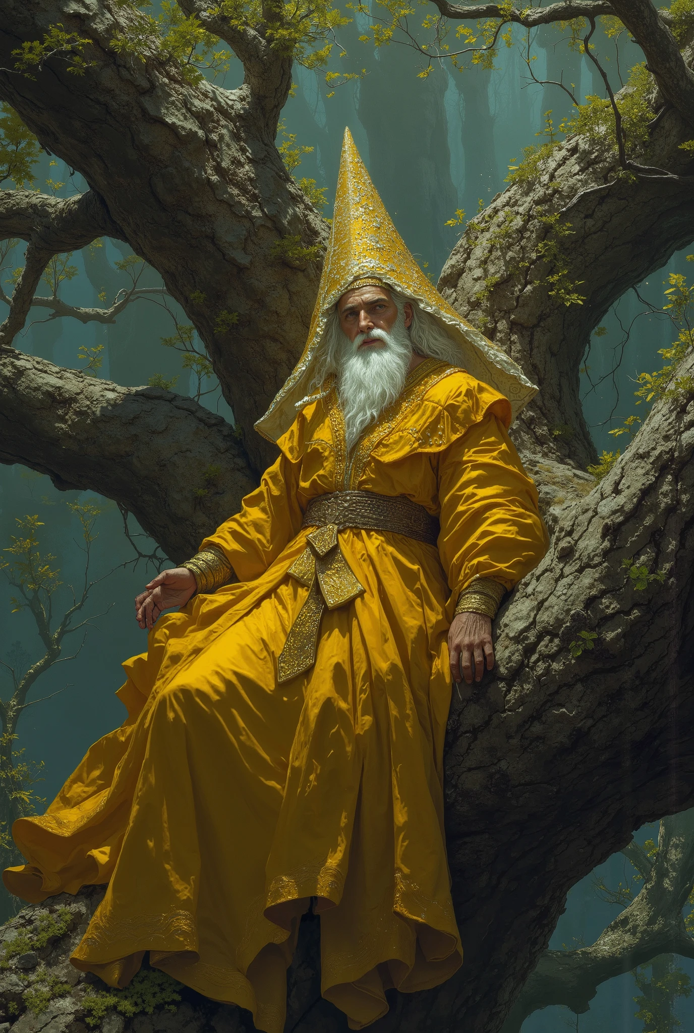 The man lay on the tree on the right, the angle so high that he could clearly see the face of the man, and then he went down to see the ground below, under the tree where the tree was lying. wear deep yellow wizard outfit with pointy wizard hat