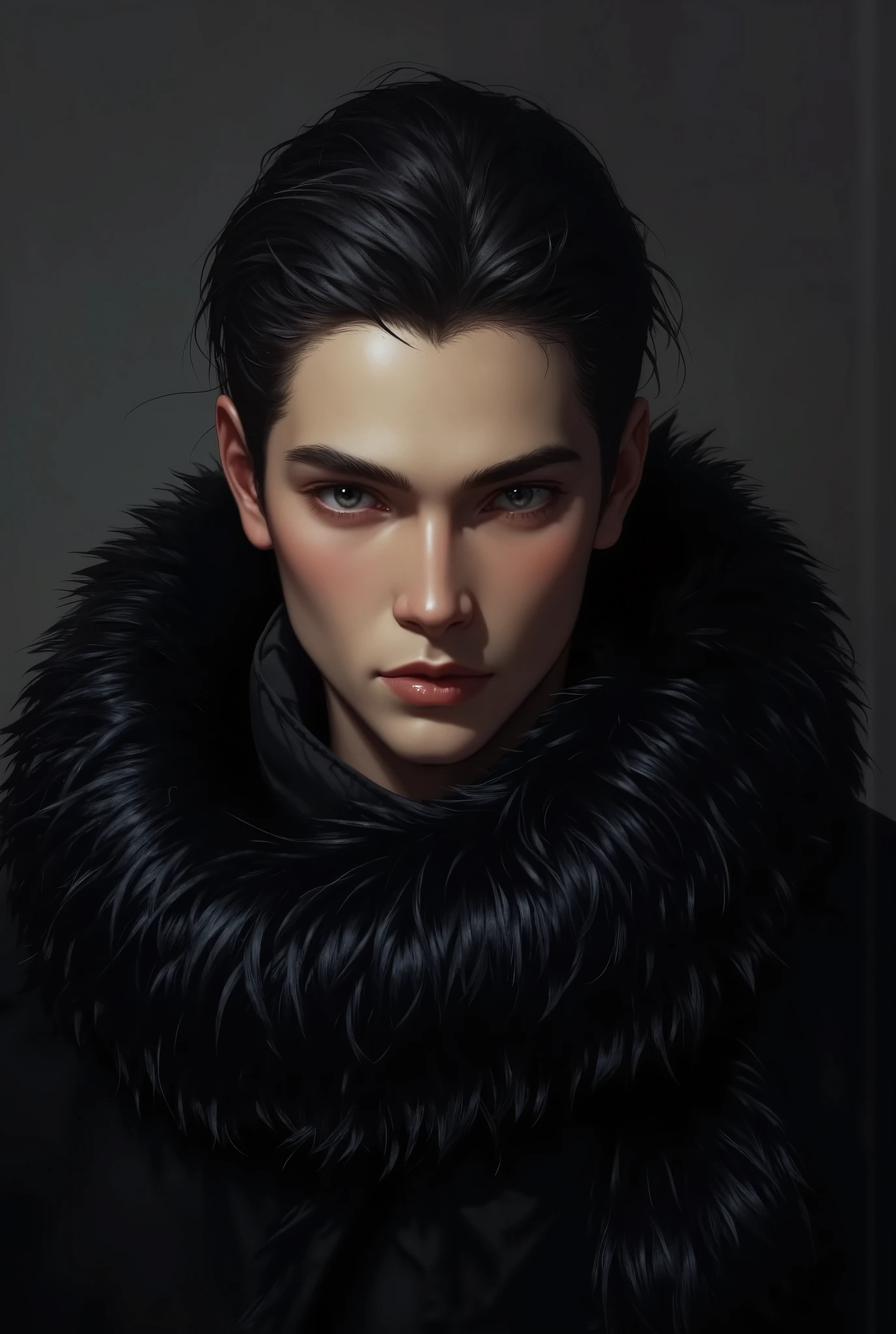 Book cover with the face of a young man with gray eyes,black hair , A mafioso wearing a black fur scarf