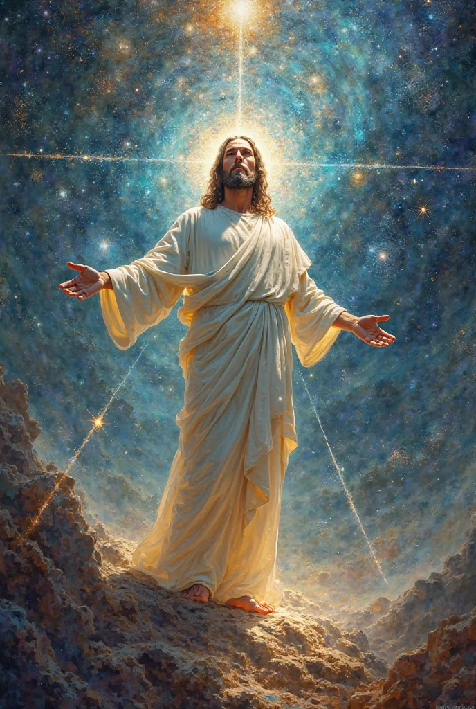 Jesus Christ, very beautiful image.  Enlightened Messiah.  Blessed Messiah.  Biblical Character. Absurd, very high resolution, ultra-detailed, Dot painting technique, dotted shadows, intricate details, Tiny dots, Texture effects, subtle gradients, fascinating craftsmanship, infrared photography, otherworldly tones, surreal landscapes, invisible light, ethereal glow, colors vivid, ghost effects