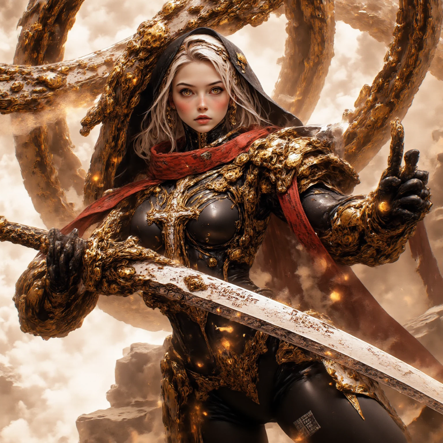 3 d model,Caramel macchiato, arma, The sword, halter, holdingweapon, 32K, Linen cloak, Top quality, Masterpiece:Faust,,1boys, long whitr hair, clouds, On your stomach, (tmasterpiece,k hd,hyper HD,16k),clutching a sword, buliding, Reflectors, bloods, Eastern Asia, Weapon focus, Skysky, brunette color hair, knifes, trouser, firey, banya, The clothes ar, bandagens, sword sheath, Masks, 独奏