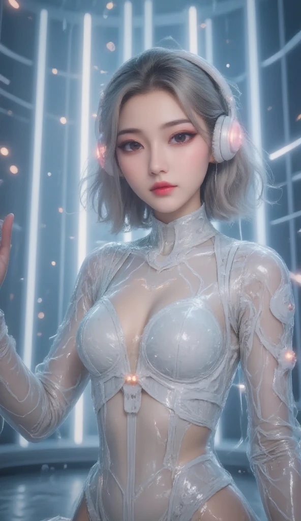 1 woman, Chinese_clothes, liquid silver and pink, Cyber Han, Cheongsam,White bra with pink trim,White underwear tied with a black bow, cyberpunk city, dynamic gesture, Glowing headphones, glowing hair accessories, long hair, glow earrings, Fluorescent necklace, cyberpunk, เมืองที่มีtechnologyสูง, full of mechanical and of the future elements, of the future, technology, glowing neon, pink, Light blue, Clear tool, Transparent beam, laser, City Sky Digital Background, Big Moon, with vehicles, best quality, Masterpiece, 8ก, Edge of character light, Extremely high detail, High quality, The most beautiful woman in humanity, smile a little, The face faces left and right symmetrically., Ear decoration, Beautiful iris light effect, Image data, I have silver-white hair, Hair is not messy, Two high bun braids hairstyle, Luminous electronic clock, deep eyes, be happy, English Doodle Writing