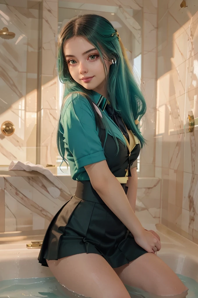 (pornography), (8k,masterpiece, top quality, best quality,beautiful and aesthetic:1.2,professional illustrasion:1.1,ultra detail:1.3,perfect lighting), extremely detailed, highest detailed, incredibly absurdres, highres, ultra detailed, intricate:1.6, (girl), beautiful, kawaii, beautiful eyes, beautiful hair, aquamarine eyes, cute rip, medium breasts, oily skin, ((brond_green hair)), ((blunt bang:1.2)), (braid ponytail:1.4), ringlets, off shoulder, black pantyhose, Black Choker, leather boots, very short length white shirts with open chest, very short pleated miniskirt, nsfw