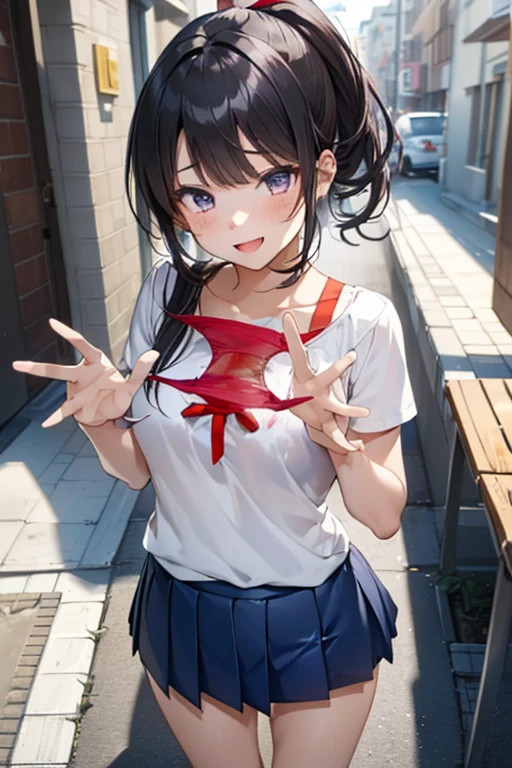 1girl,solo,yuuki mikan,, ,brown hair,, ,1girl,,,medium breasts,,open mouth,,cowboy shot,smile,(spoken heart),simple background,grey background,looking viewer,bare shoulder,micro skirt,cowboy shot,thighhighs,(lovey,cute),standing,panties