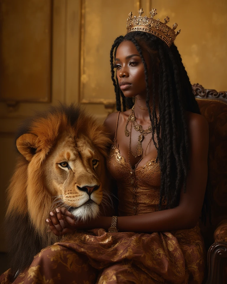 A woman in a dress sitting on a lion statue, gorgeous goddess of leo, Princesa africana deslumbrante, with the mane of a lion, karol bak uhd, Princesa negra africana, Princesa Africana, mulher linda, rainha bonita, Rainha africana, leoa, deusa bonita, deusa jovem, epic 3 d oshun, pele escura deusa feminina do amor, Deusa Rainha