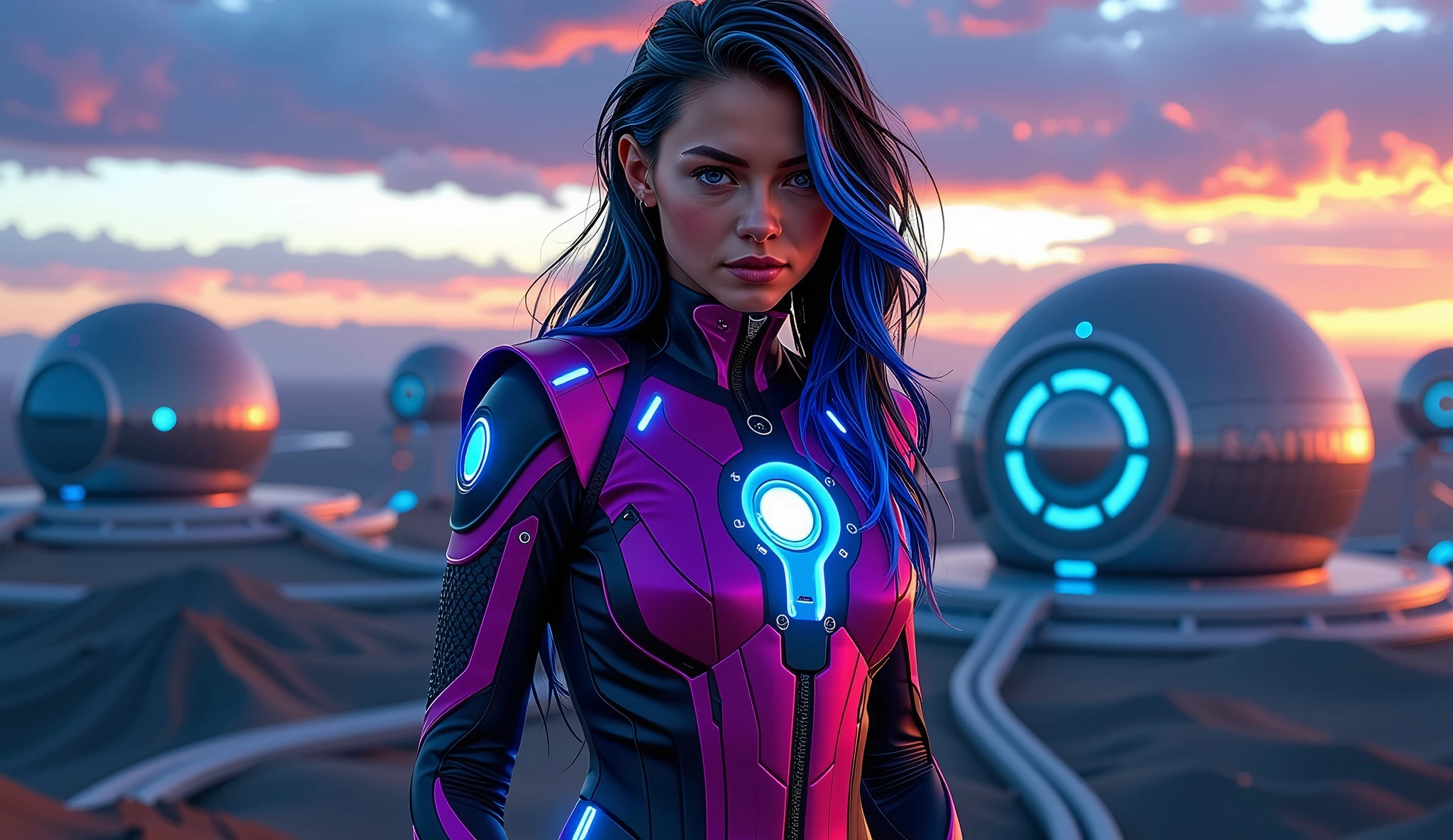Create a futuristic hyperrealistic scene with a beautiful woman with young beautiful face, maximum detail, very realistic face with beautiful blue eyes, long black disheveled hair mixed with blue, real skin, she has a perfect body, she wears a futuristic fuchsia and white latex full bodysuit glowing with blue lights, and several technological details. Setting: Futuristic gigantic structures with strong blue lights and Futuristic windows, Spectacular sunset sky with a lot of detailed clouds. Overall Composition: hyperrealistic scene, perfect lighting on her, ensure every element is sharp, bright and clear, with maximizing attention to detail throughout the image.