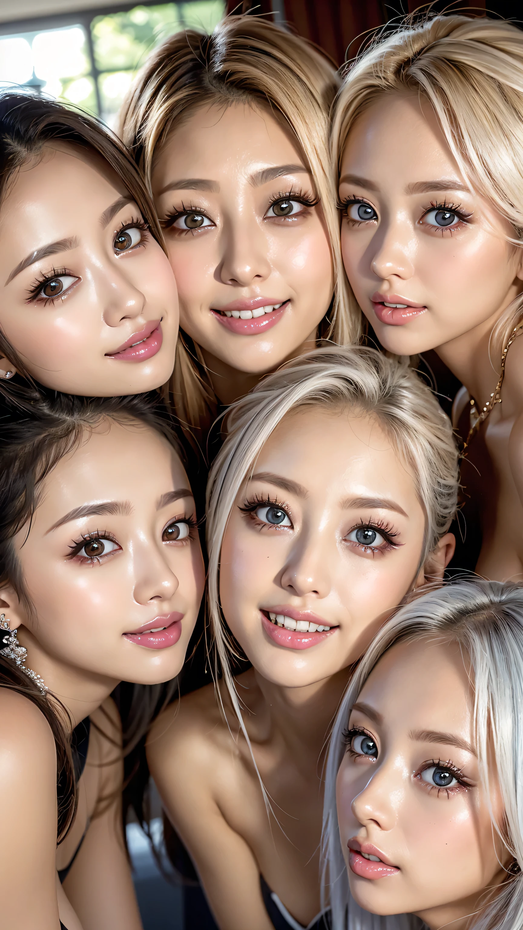 8k,high definition、 ultra clear 、 eyes match 、is staring at me、 I'm watching a close-up。My Face 、 すべての eyes match、 click here、I want to get close to beautiful women nearby 、 big nipples , huge nipples,Look at me with a smile 、vision、 Beautiful platinum colored hair 、 pose 、 4 beautiful women look at our beautiful long legs from an angle 、 I'm watching in close-up、I want to make eye contact with everyone, My lips stick out