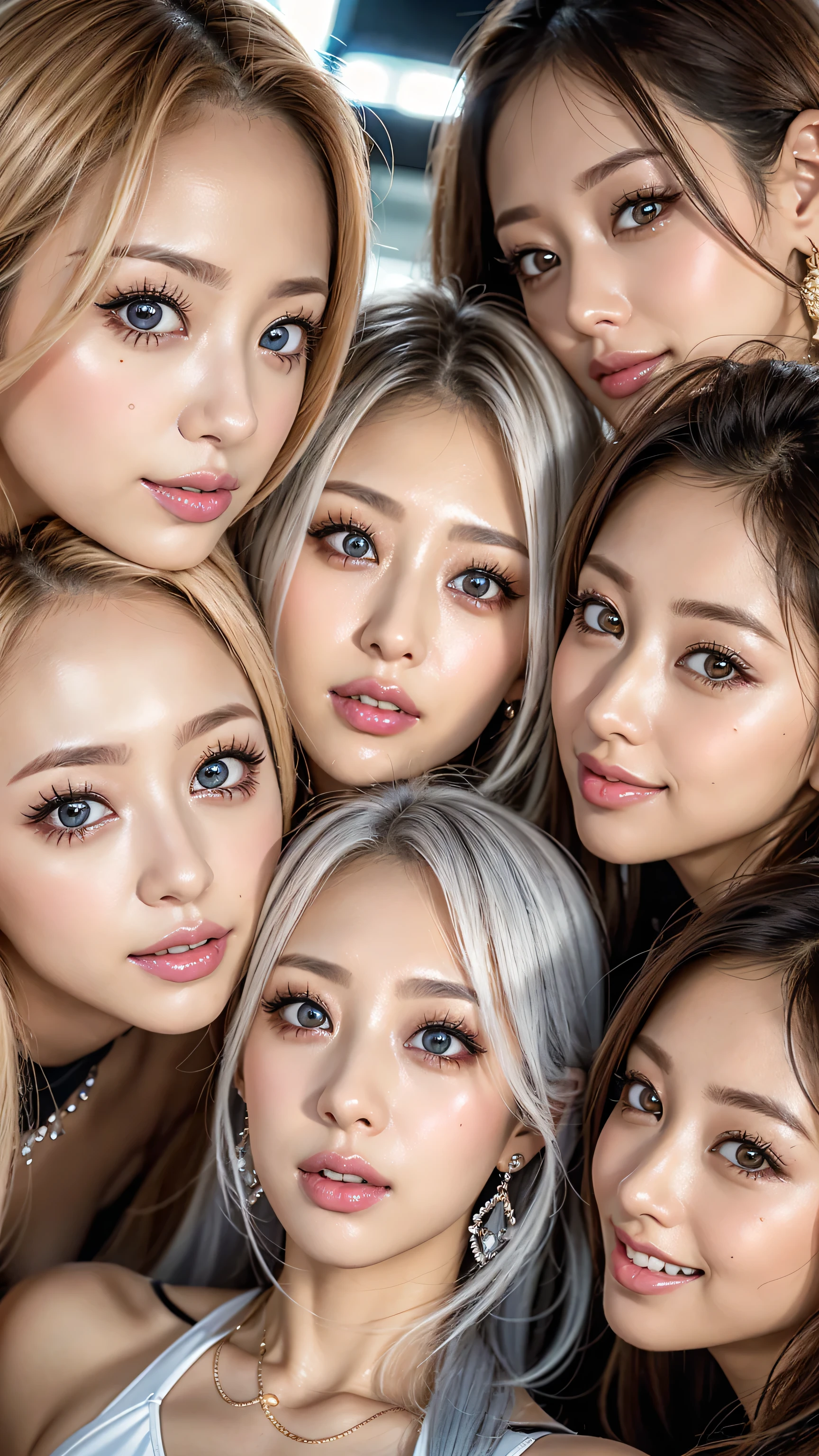 8k,high definition、 ultra clear 、 eyes match 、is staring at me、 I'm watching a close-up。My Face 、 すべての eyes match、 click here、I want to get close to beautiful women nearby 、 big nipples , huge nipples,Look at me with a smile 、vision、 Beautiful platinum colored hair 、 pose 、 4 beautiful women look at our beautiful long legs from an angle 、 I'm watching in close-up、I want to make eye contact with everyone, My lips stick out