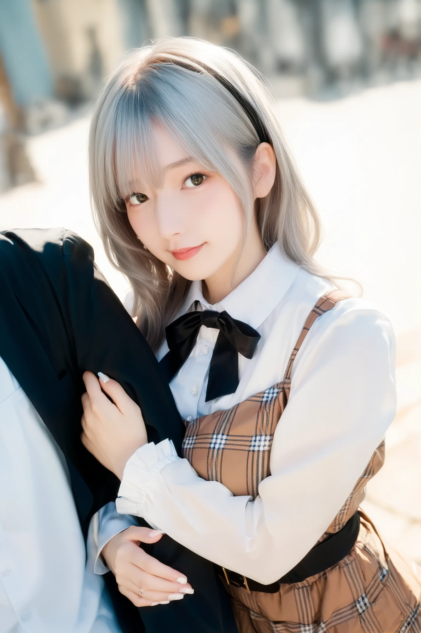 Silver Hair, long hair, green streaked hair,
black neck ribbon, white shirt, frilled collar, long sleeves, plaid dress, brown dress, belt, huge breasts,
photo realistic, masterpiece, TOP QUALITY, intricate details,
arm hug, shot from above, cinematic light effects,