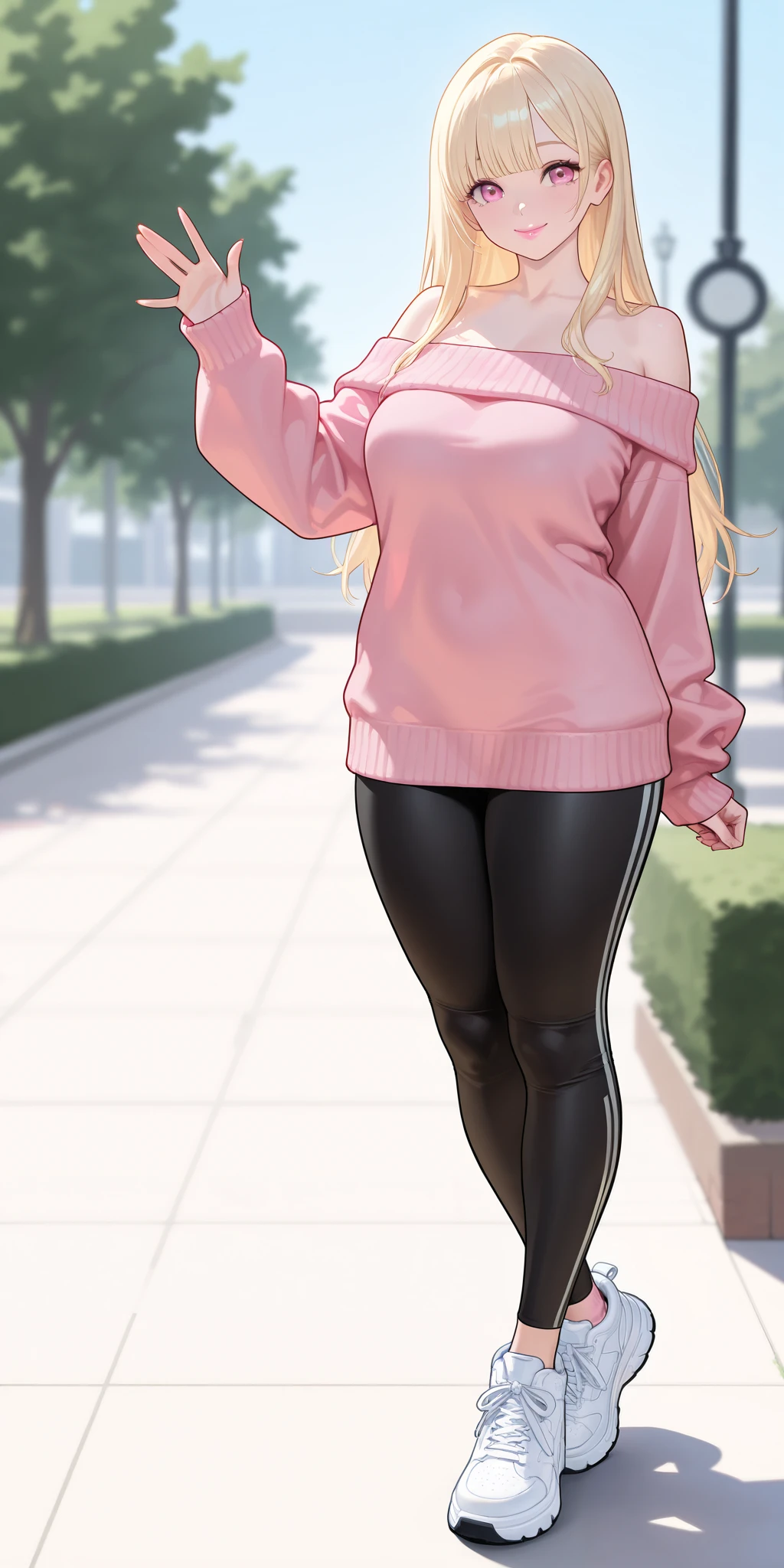 An extremely gorgeous woman with long blonde hair, hair bangs, big pink eyes, extremely fair white natural skin, plump big candy pink lips, and a perfect slim-thin body. She's wearing an oversized off-shoulder tube pink sweater with long sleeves, black tight leggings, and white sneakers. She is standing straight, waving with one hand, smiling cutely, a park in the background, and show her full body.
