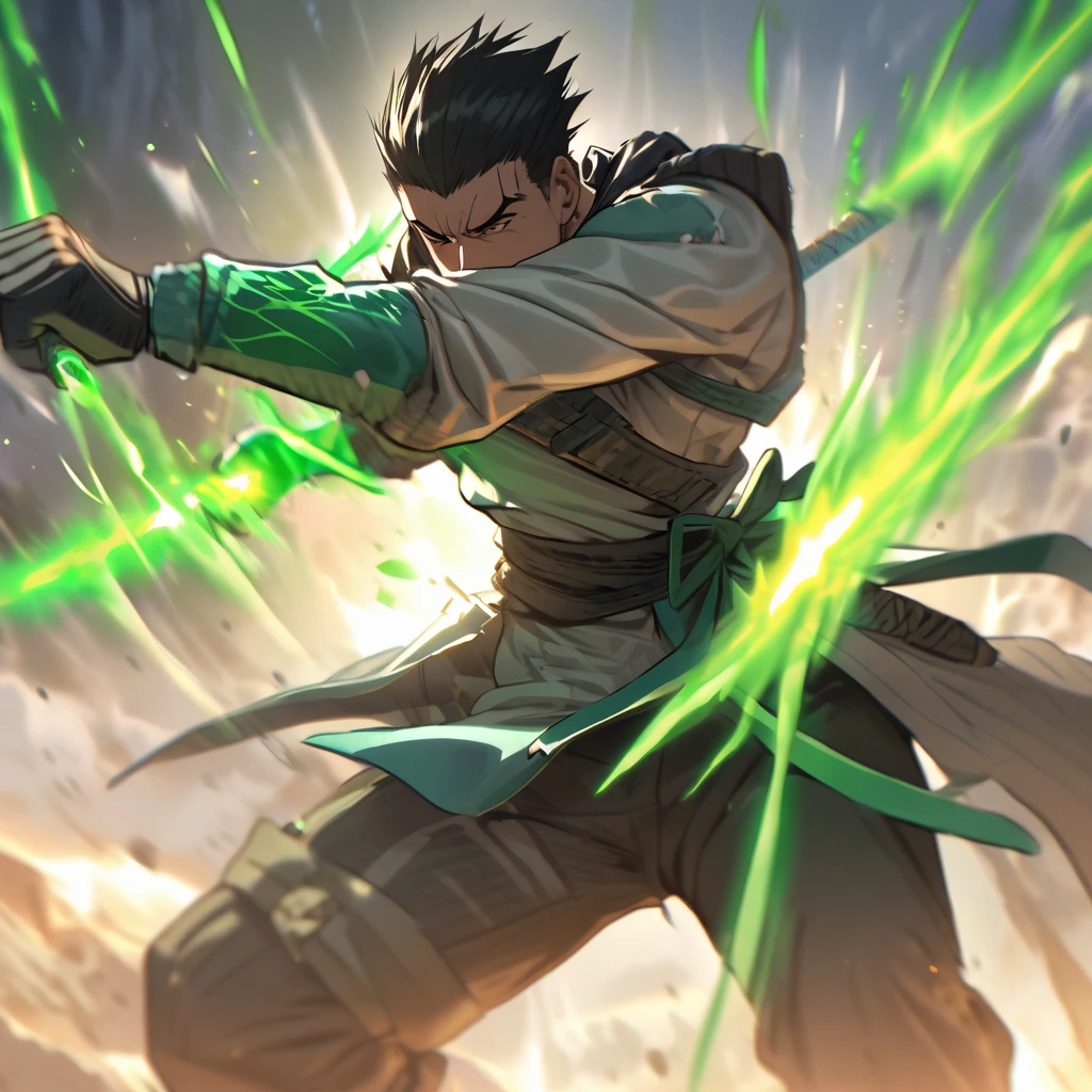 personagem masculino samurai futurista com traje verde neom