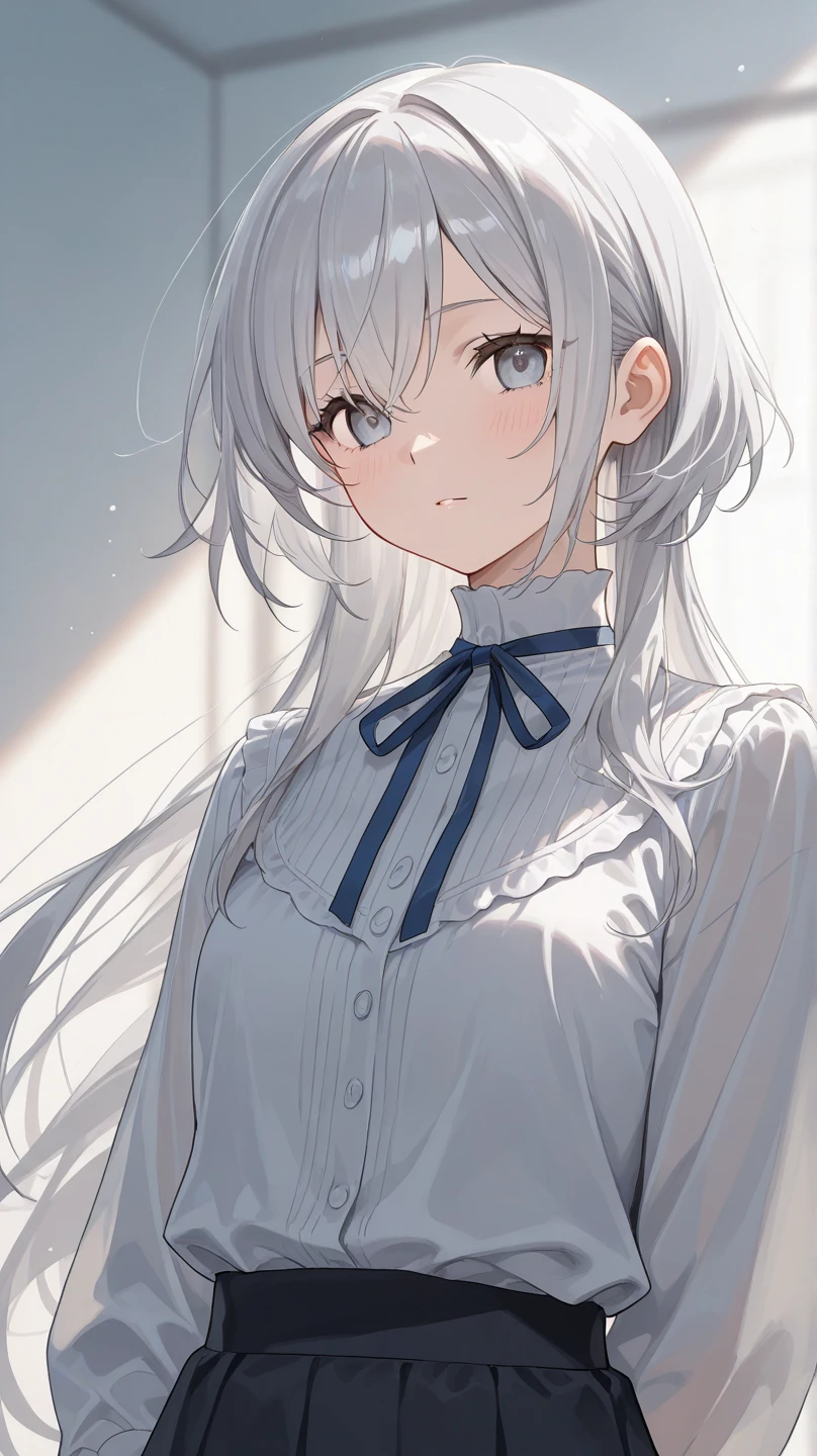 ((masterpiece)), ((best quality)), (from side), (close-up:1.3), (half-body shot:1.36), perfect anatomy, 1girl, solo, cat girl, gray hair, yellow eyes, gray cat ears, gray fluffy cat tail, basic white dress, standing straight, smiling, lighting from front, looking at viewers