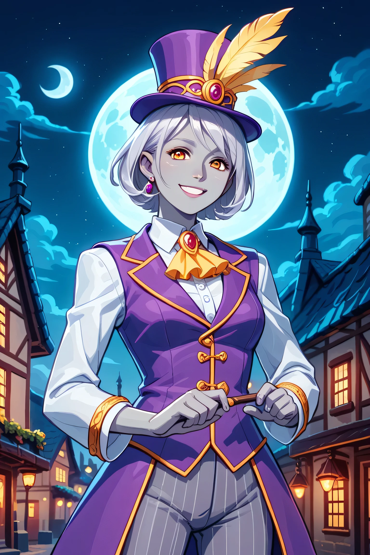 earth genasi, solo, female, grey skin, short silver hair, (wearing a large purple silk top hat, magicians hat, yellow feather hat decoration), (wearing purple vest), a ruffled colonial white shirt underneath the purple vest, (yellow ruffled colonial cravat), top hat fit snuggly, ((wearing grey pinstripe colonial trousers)), magicians attire, beautiful body, dazzling, (confident, playful, smiling) , (holding a small wooden magician's wand in her right hand), ((performing in a village square near the coast)), night scene,  colonial style buildings, full moon in sky, dungeons and dragons, fantasy art, 