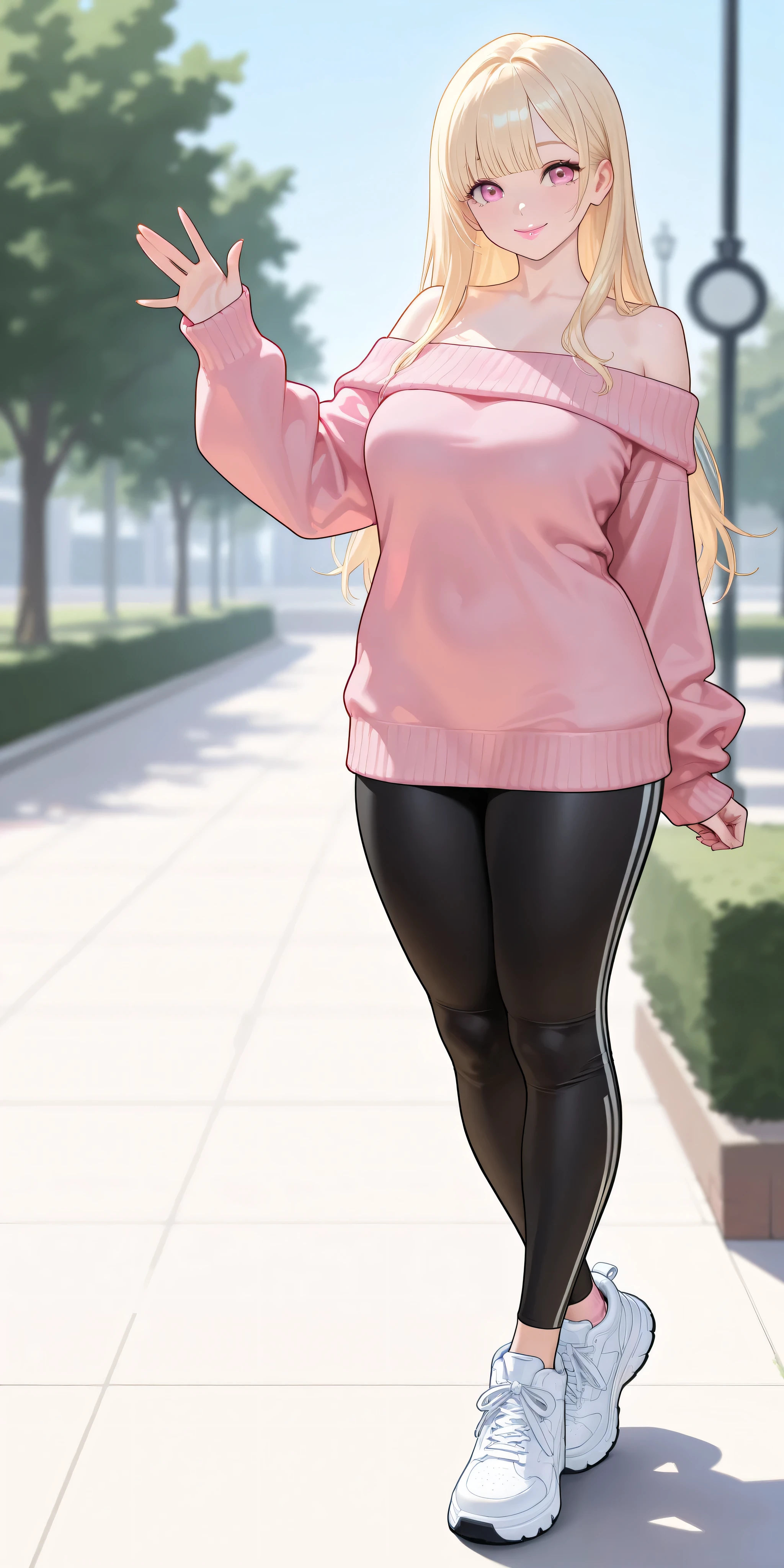 An extremely gorgeous woman with long blonde hair, hair bangs, big pink eyes, extremely fair white natural skin, plump big candy pink lips, and a perfect slim-thin body. She's wearing an oversized off-shoulder tube pink sweater with long sleeves, black tight leggings, and white sneakers. She is standing straight, waving with one hand, smiling cutely, a park in the background, and show her full body.